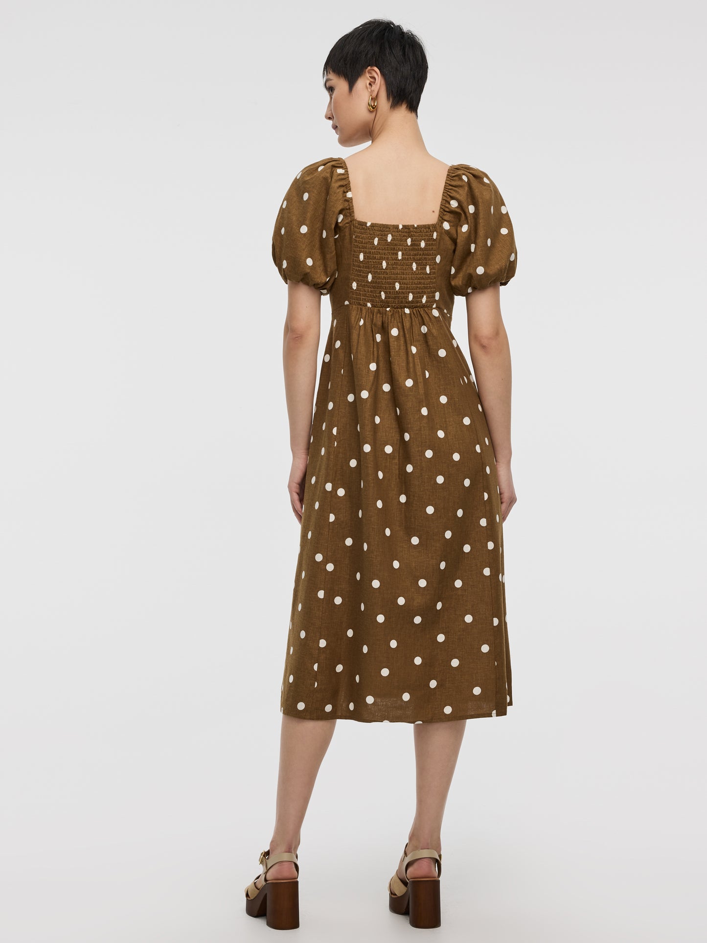 Square-Neck Midi Dress with Bubble Sleeves