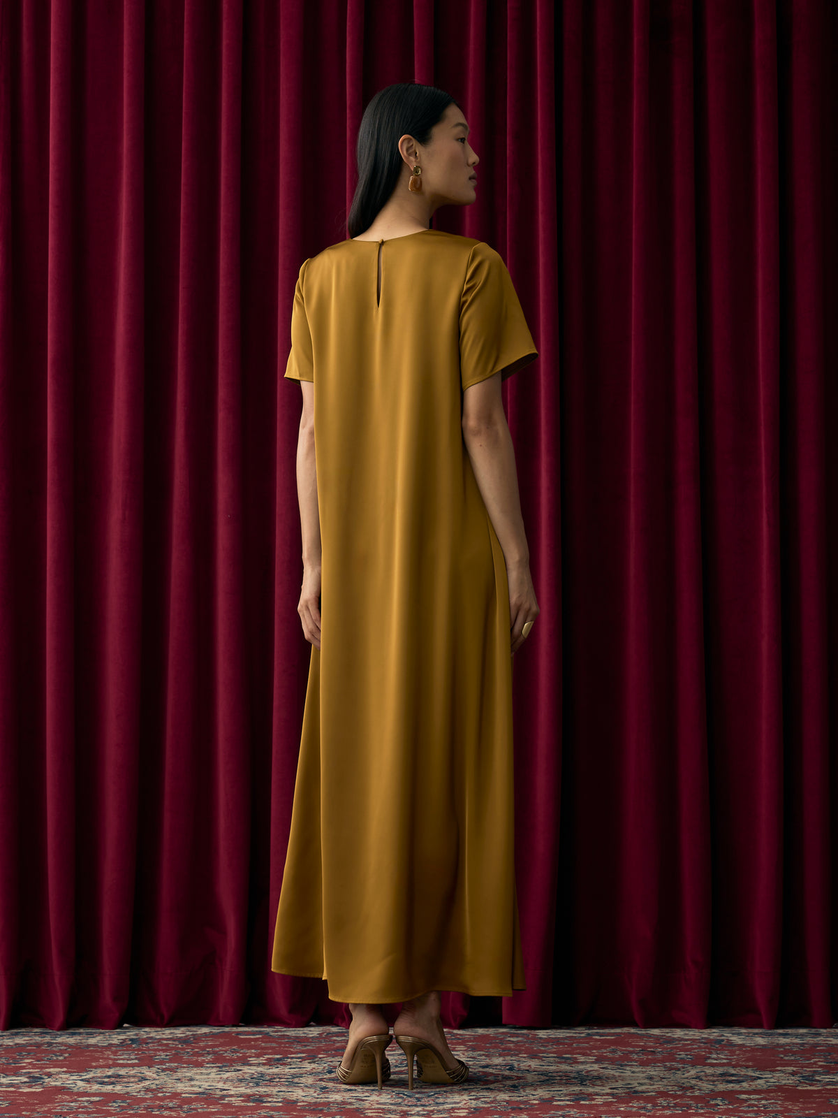 Short-Sleeve Crew-Neck Satin Maxi Dress