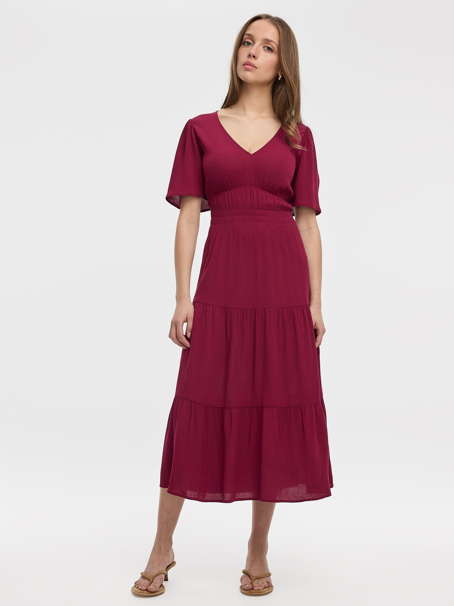 Short-Flutter-Sleeve V-Neck Tiered Midi Dress
