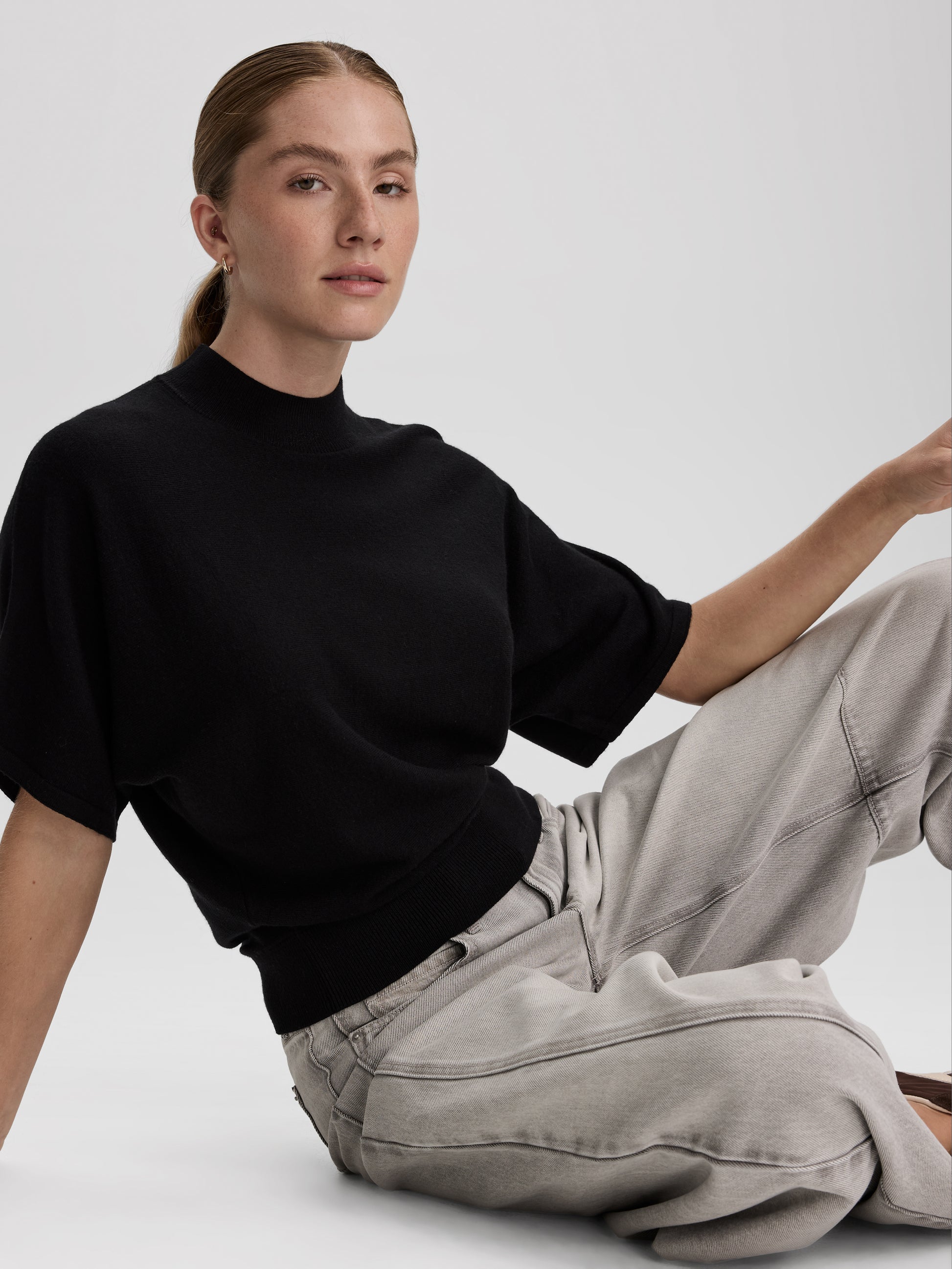 Merino-Blend Short-Sleeve Mock-Neck Sweater