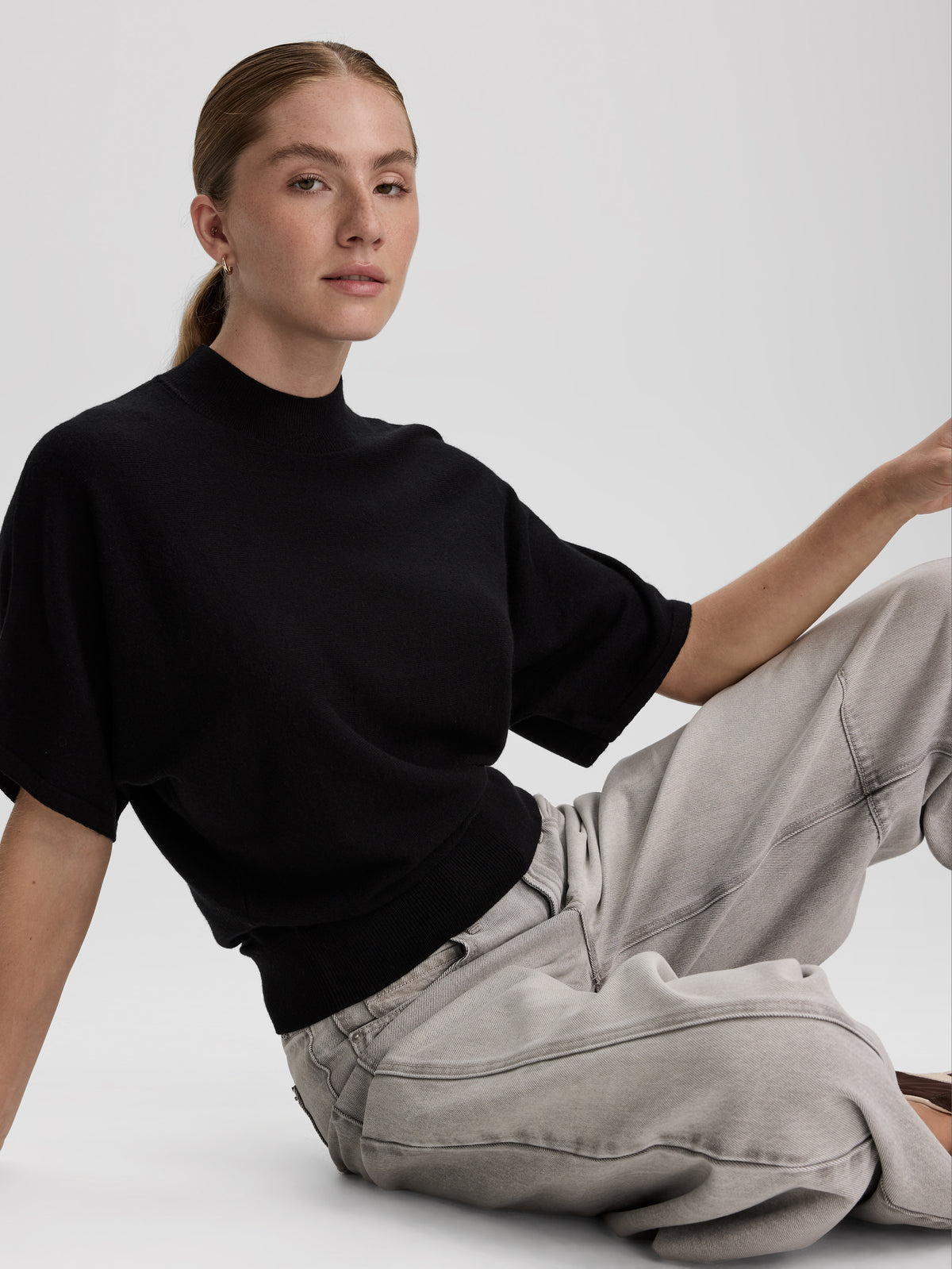 Merino-Blend Short-Sleeve Mock-Neck Sweater