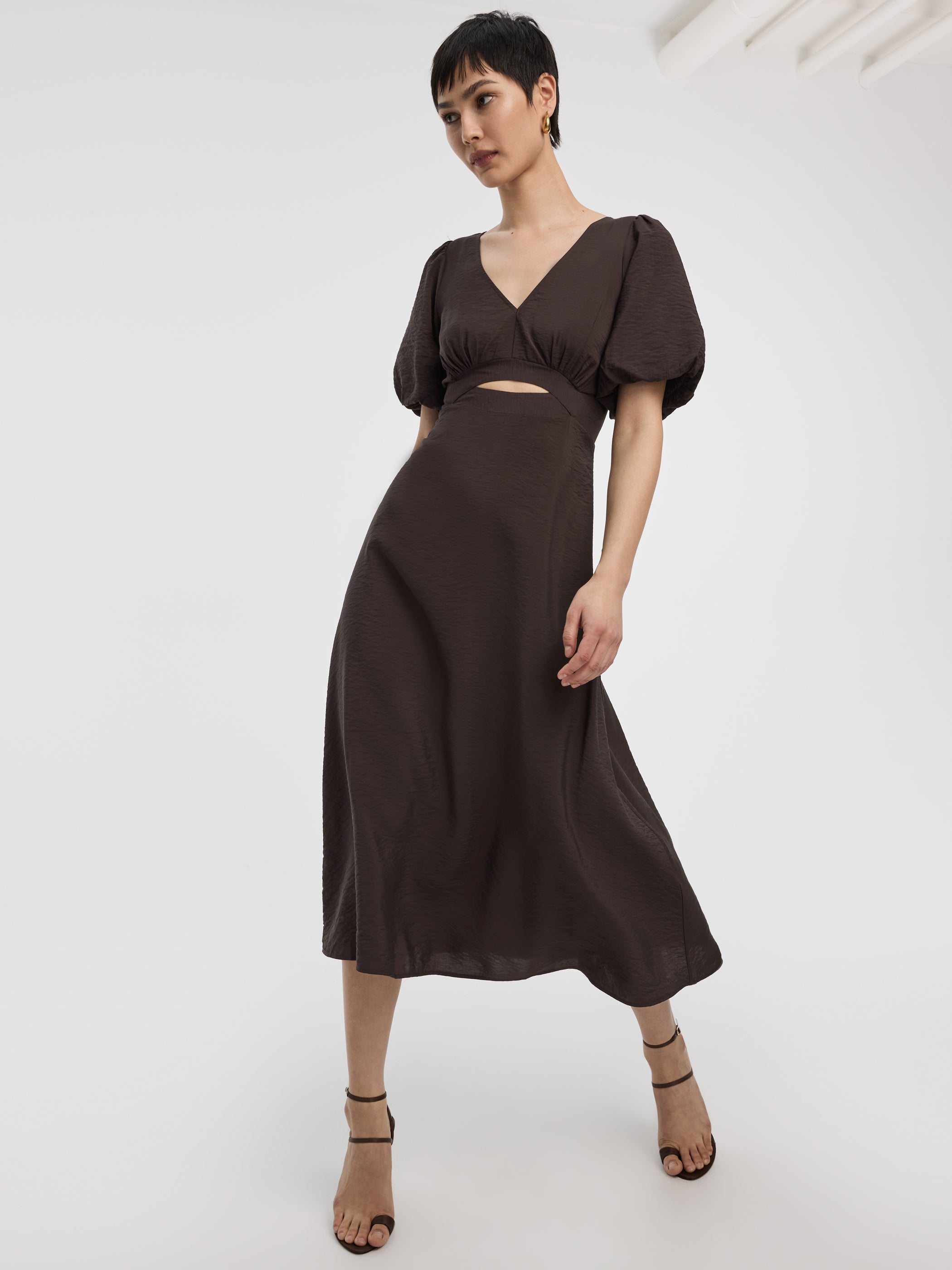 Elbow-Sleeve Maxi Dress with Cut-Out Detail