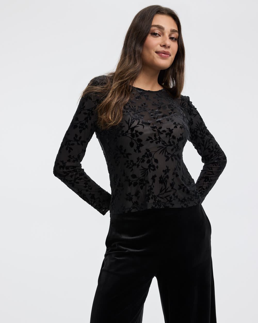 Haut en velours à manches longues et col rond