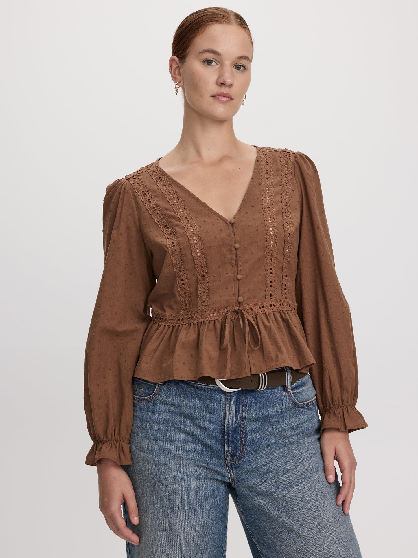 Long-Sleeve V-Neck Blouse with Lace Trims