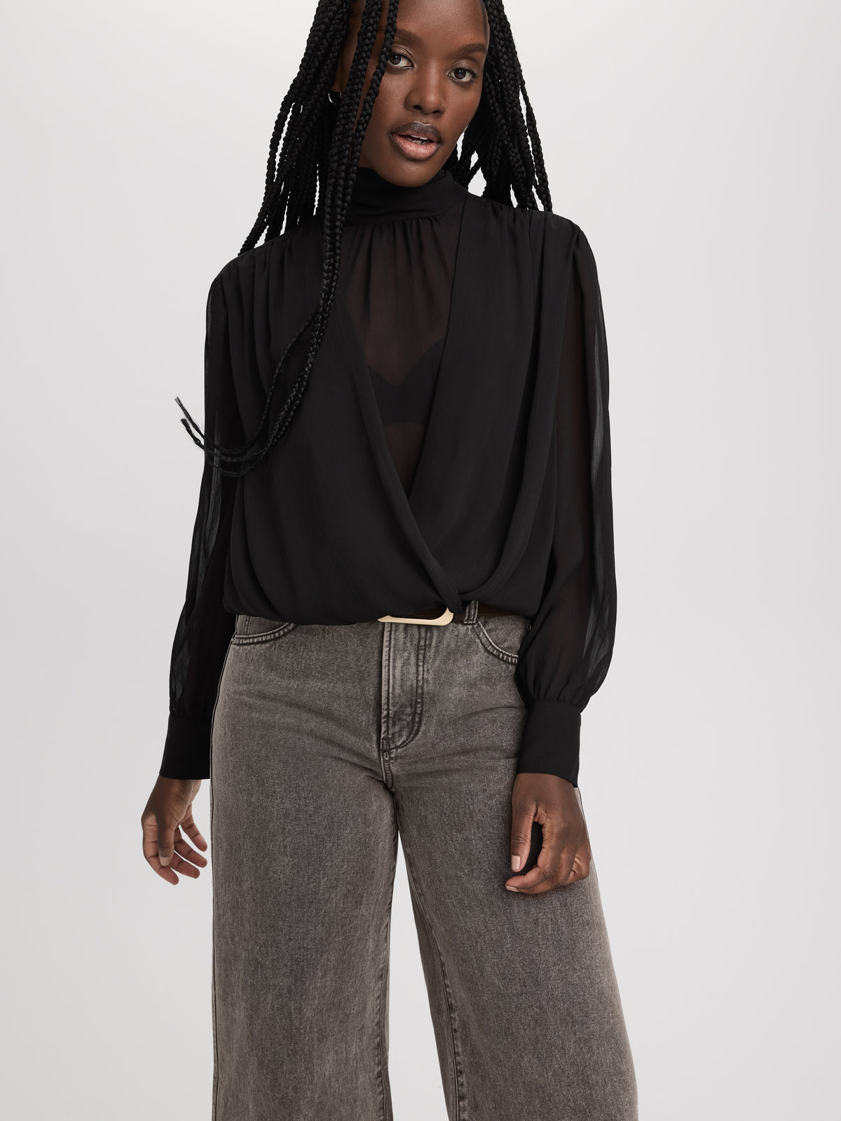 Long-Sleeve Wrap Blouse with Mock Neckline