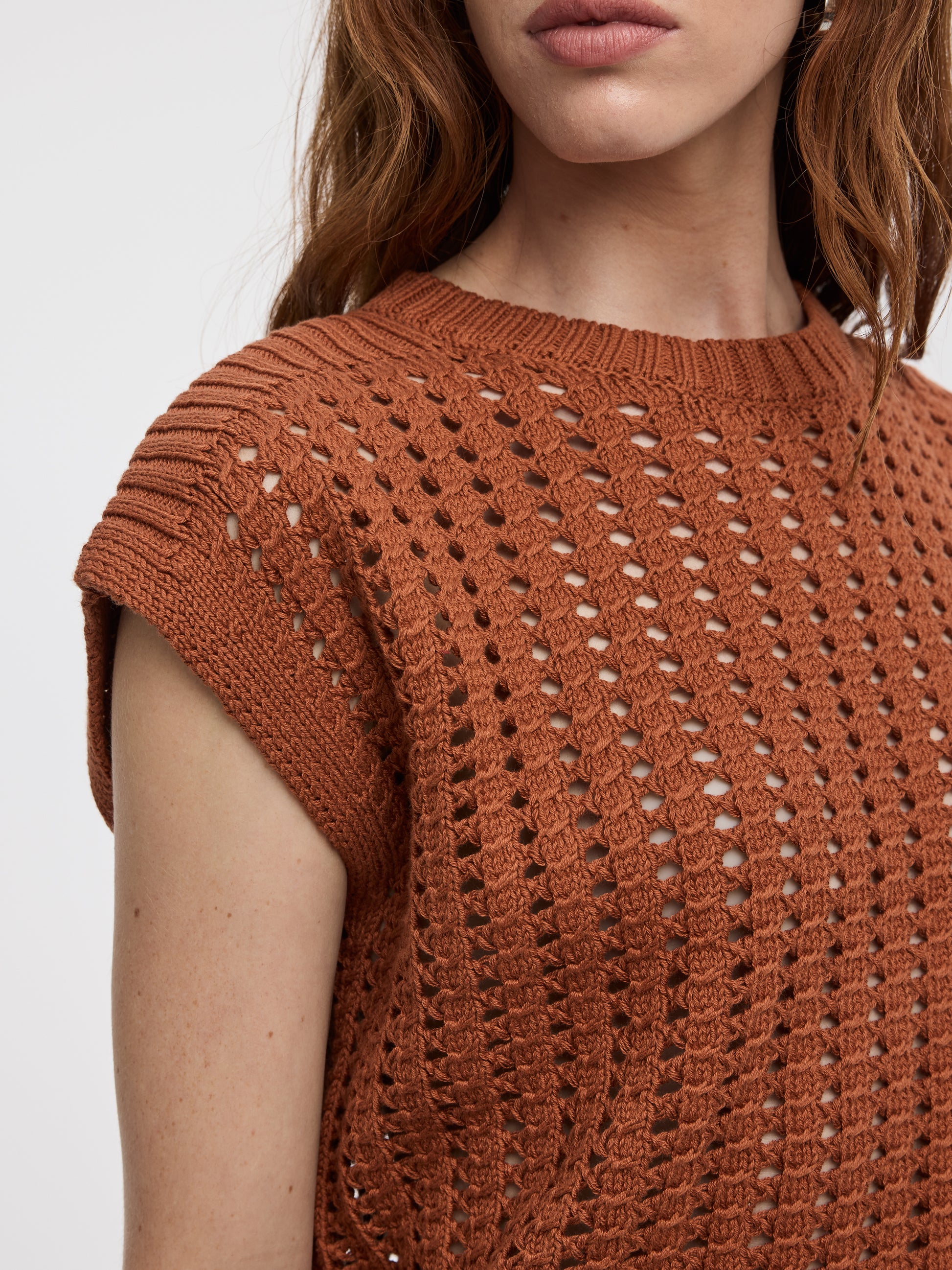Extended-Sleeve Crew-Neck Sweater with Open Stitches