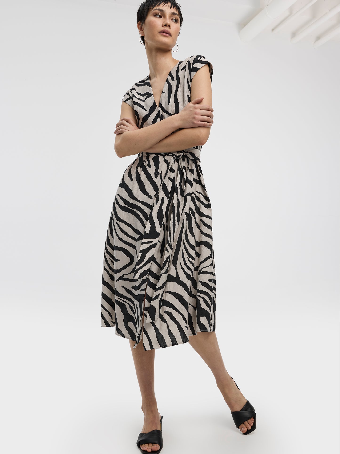 Extended-Sleeve V-Neck Belted Dress