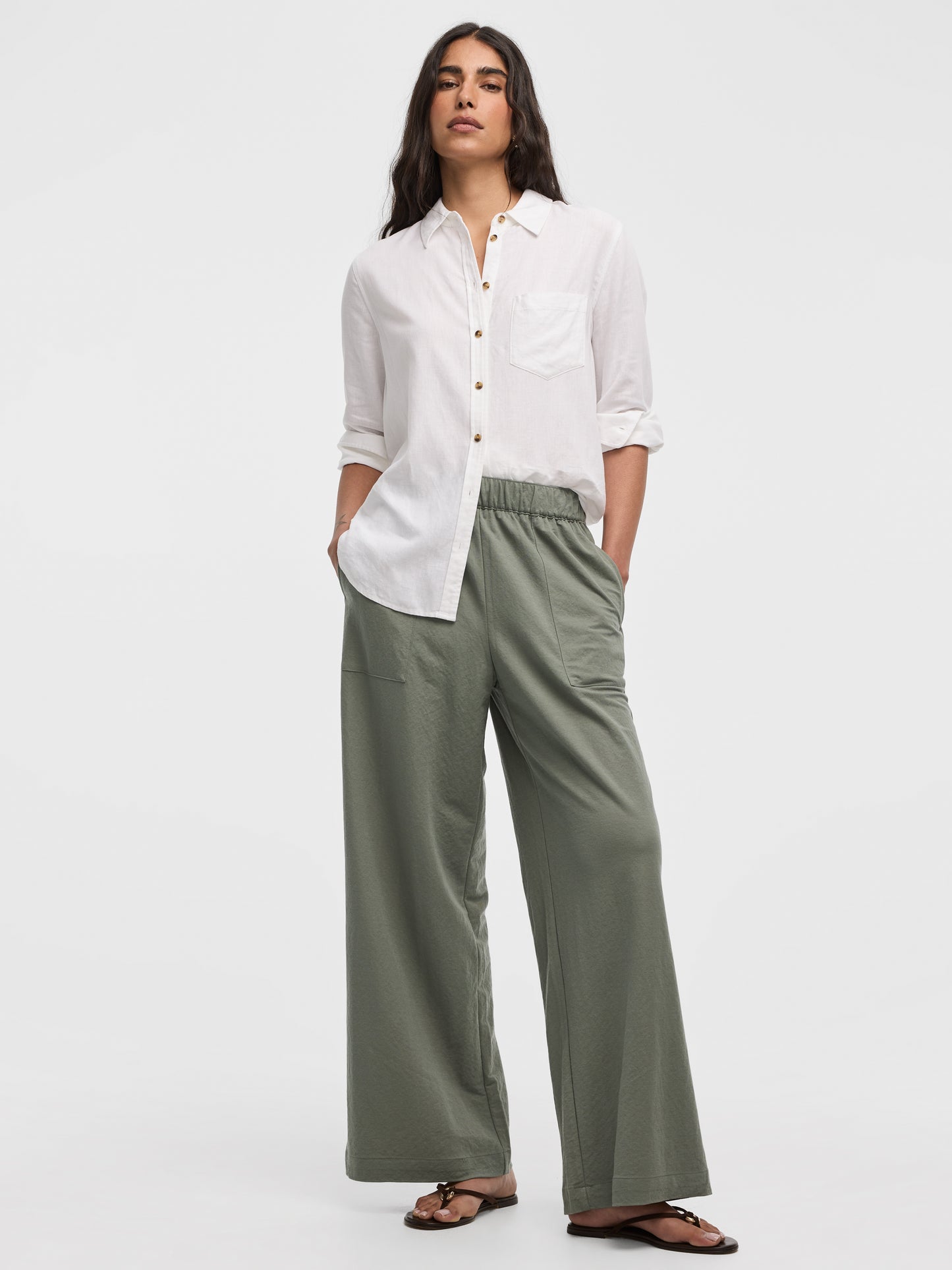 Wide-Leg High-Rise Pull-On Piqué Pant
