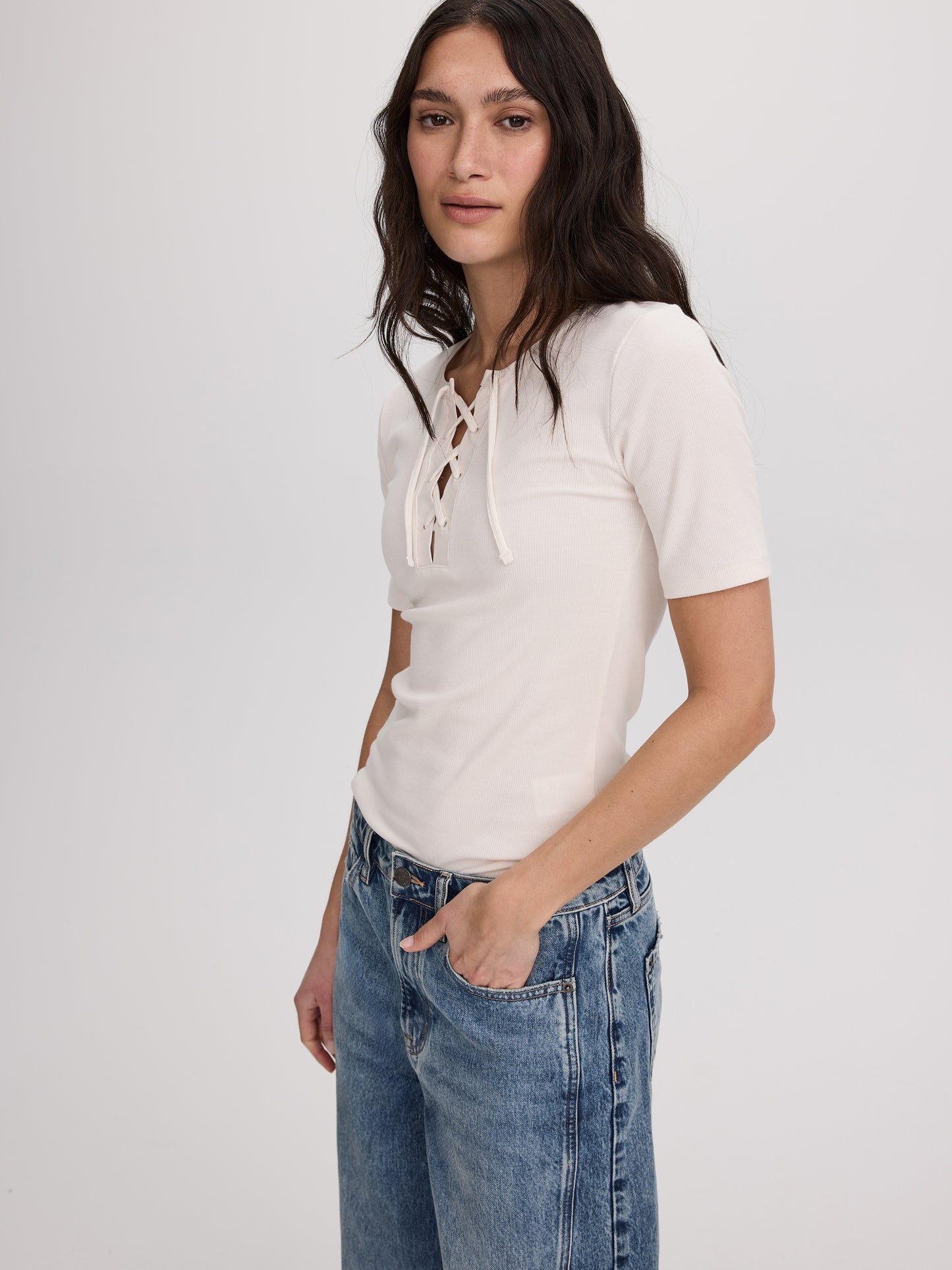 Short-Sleeve Top with Lace-Up Split Neckline