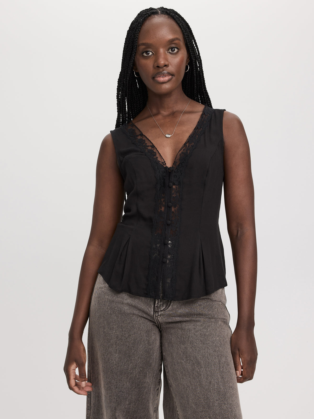 Sleeveless Blouse with Lace Trim