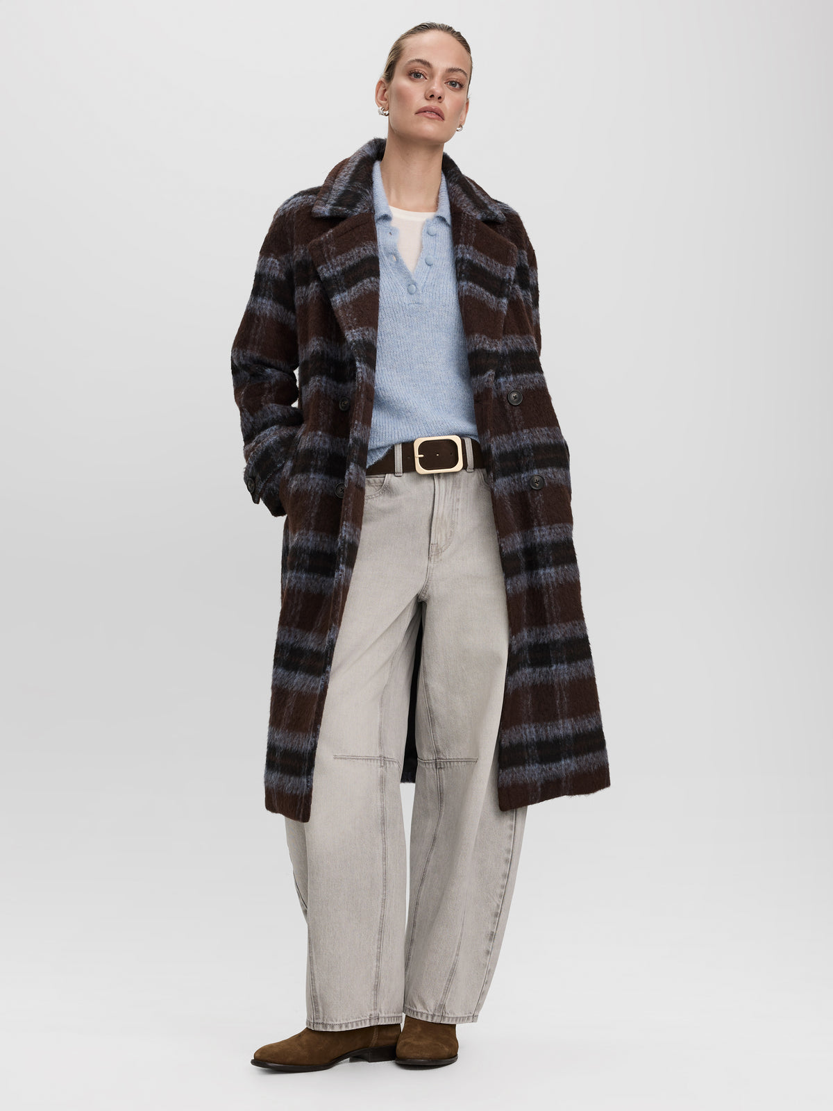 Oversized Double-Breasted Plaid Coat
