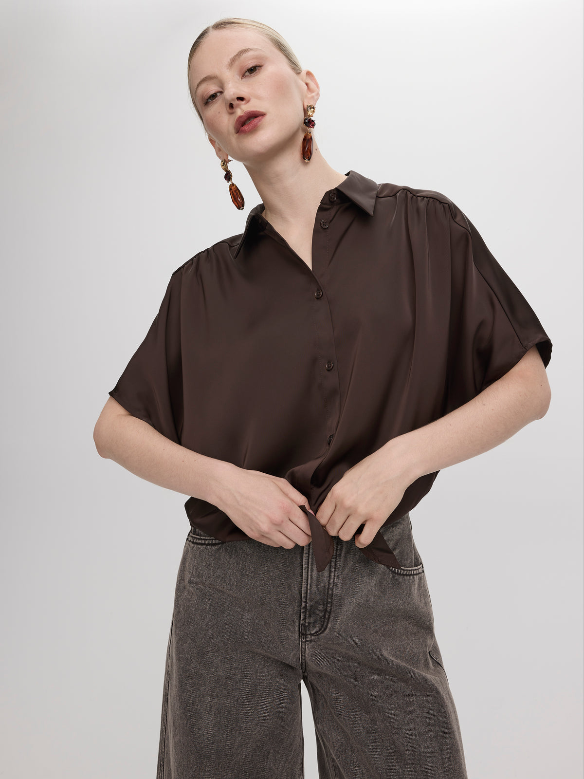 Short-Sleeve Blouse with Shirt Collar