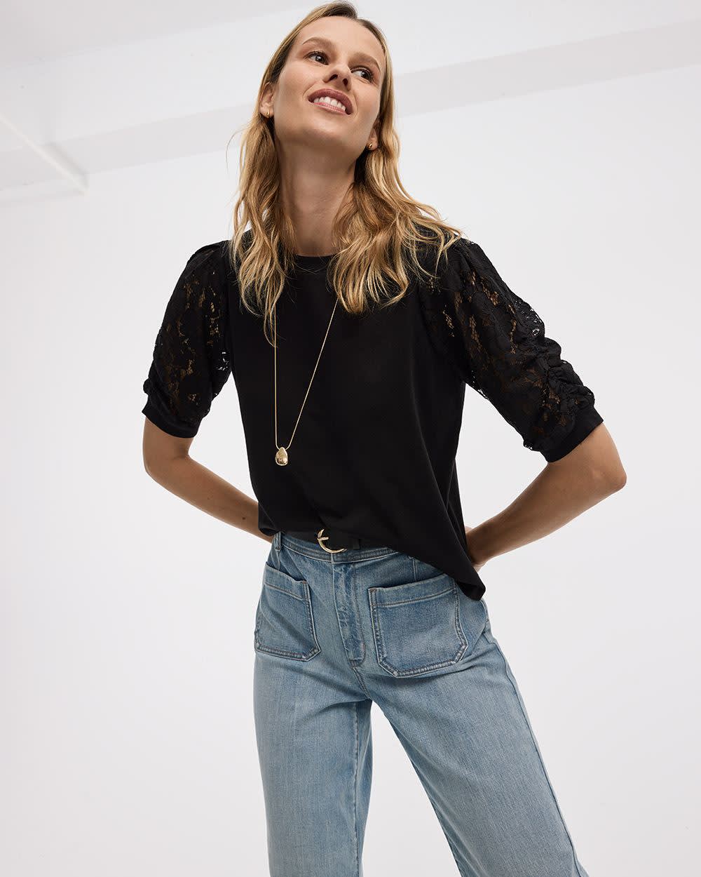 Crew-Neck Mix-Media T-Shirt with Puffy Elbow Sleeves