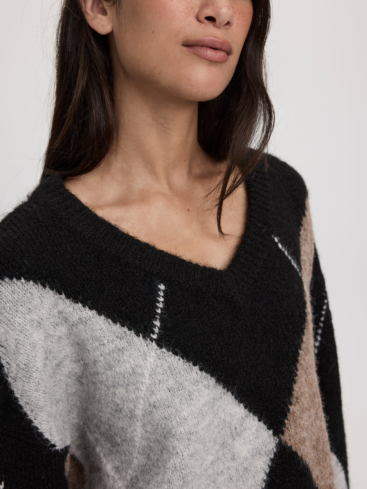 Long-Sleeve V-Neck Argyle Sweater
