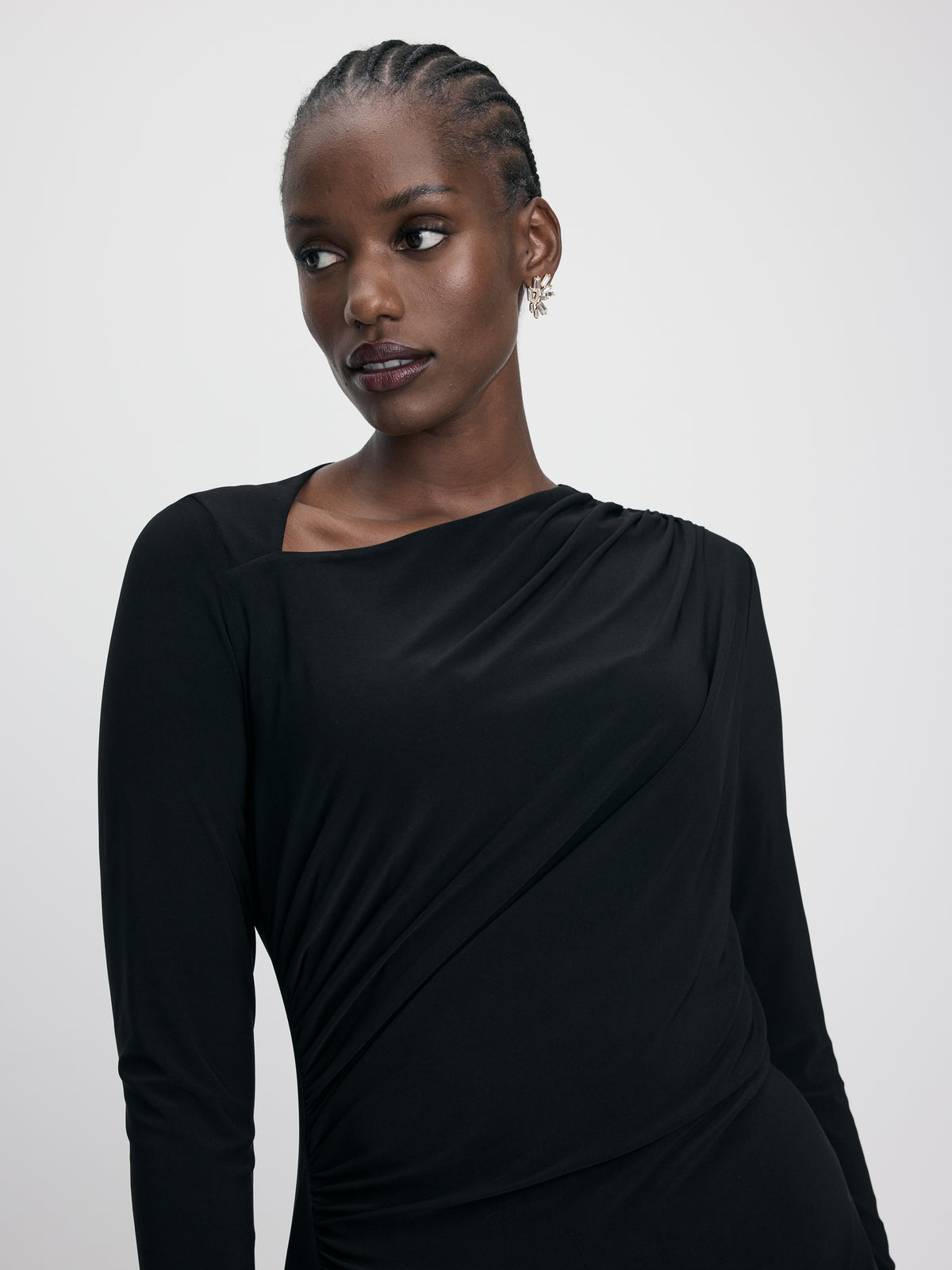 Long-Sleeve Asymmetrical-Neck Draped Bodycon Dress