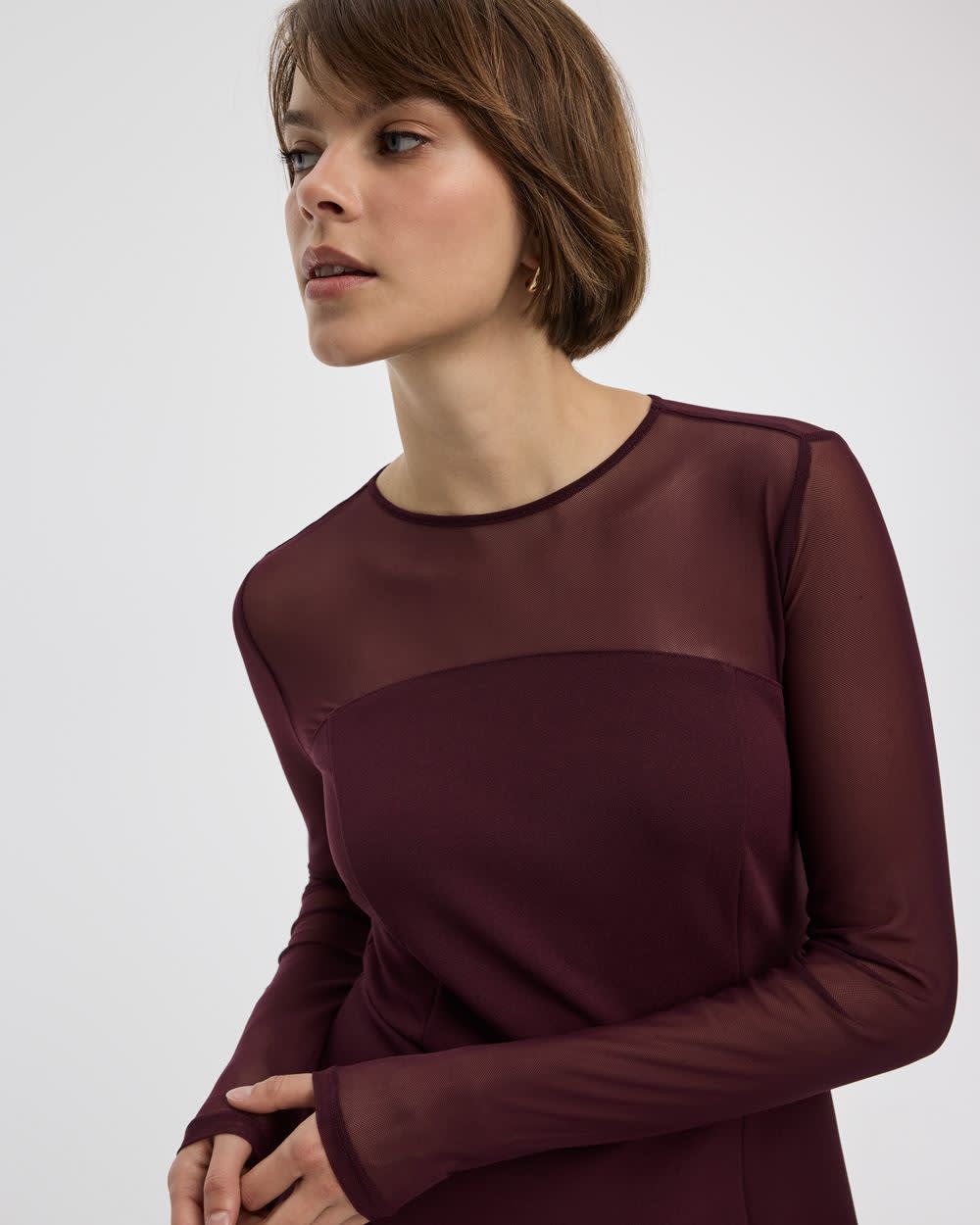 Long-Sleeve Fit-and-Flare Dress with Sheer Yoke
