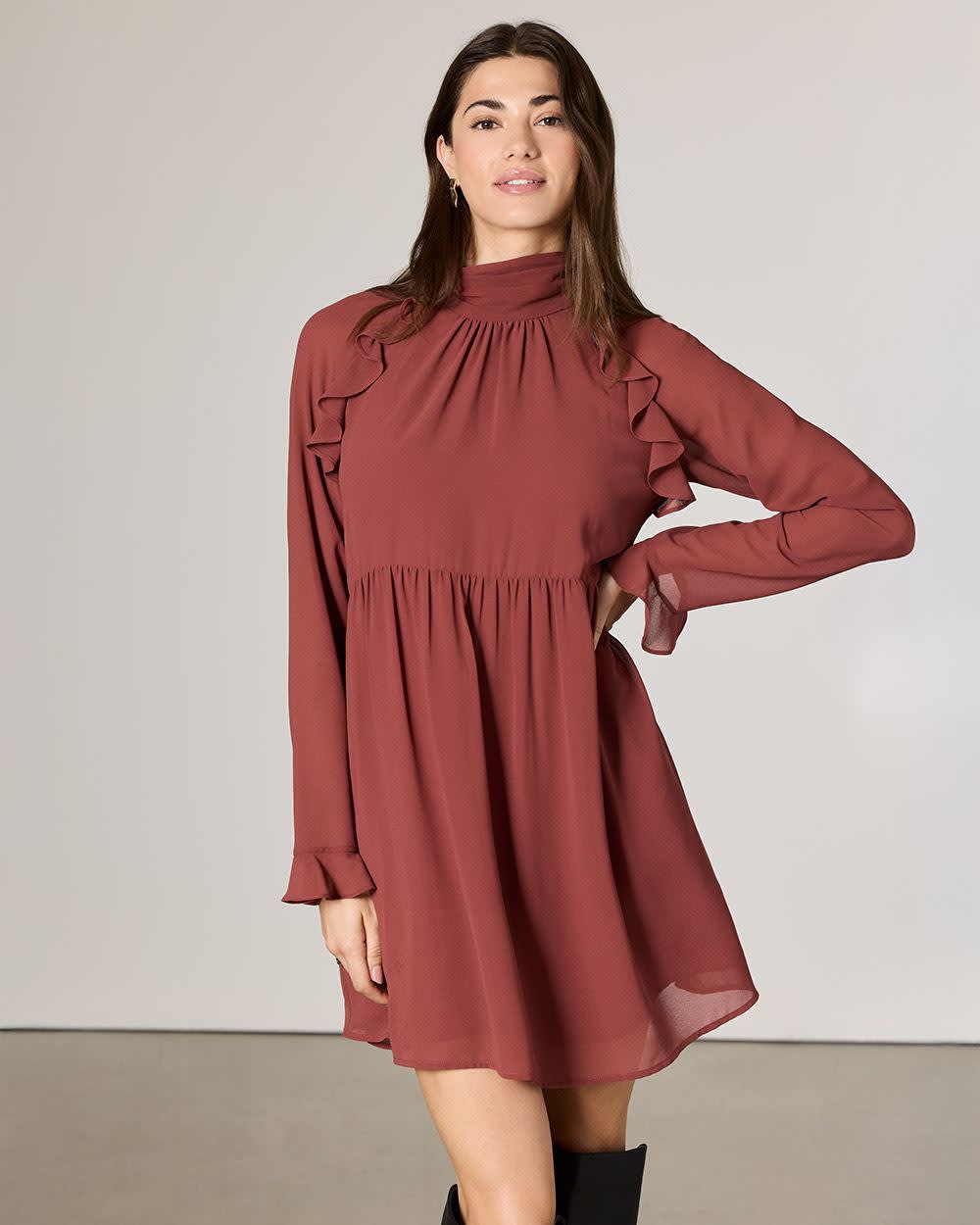 Chiffon Long-Sleeve Mock-Neck Mini Dress with Ruffles