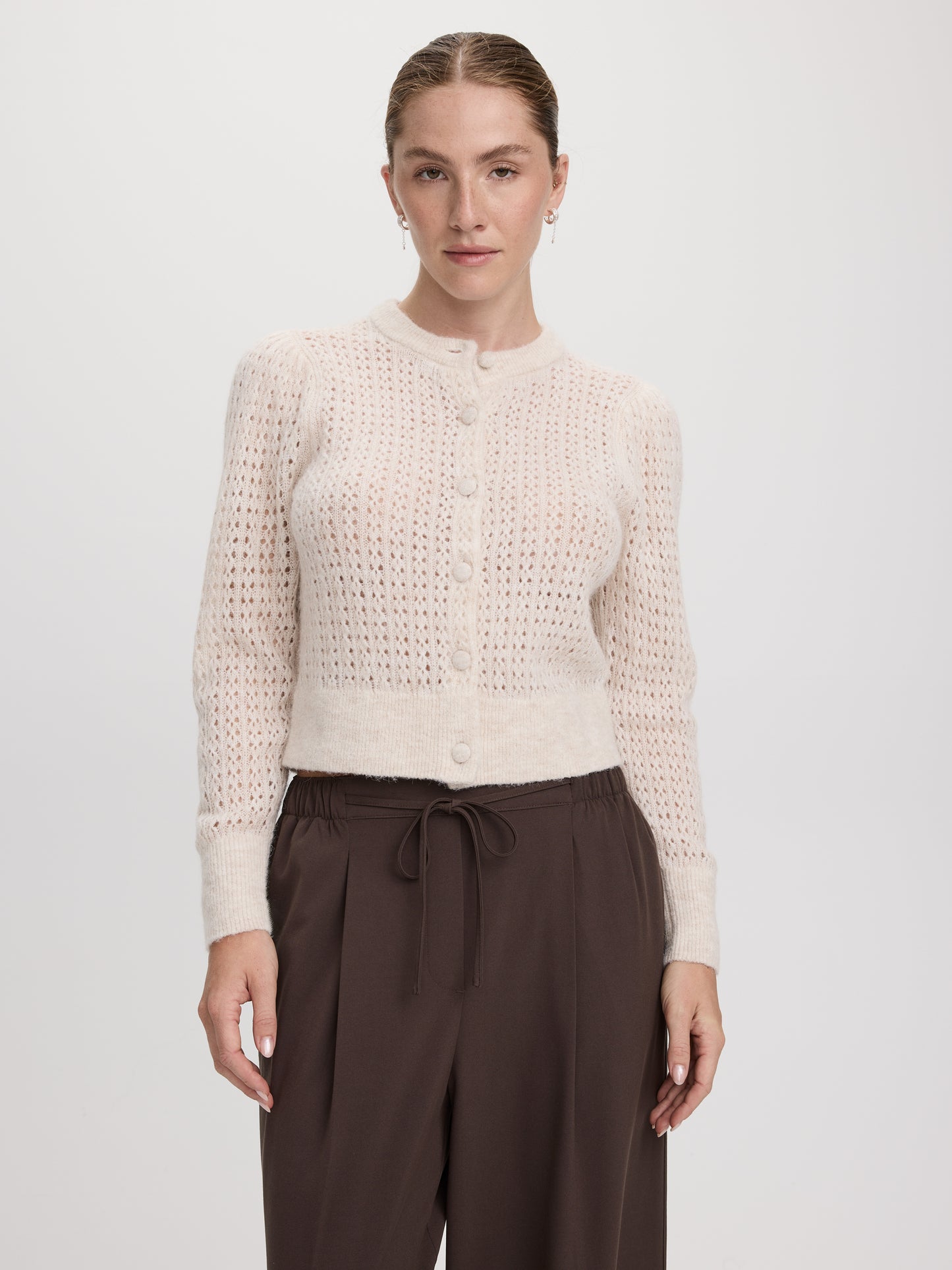 Long-Sleeve Crew-Neck Cardigan with Open Stitches