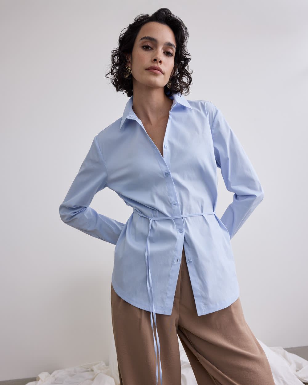 Long-Sleeve Poplin Shirt with Self-Tie Sash