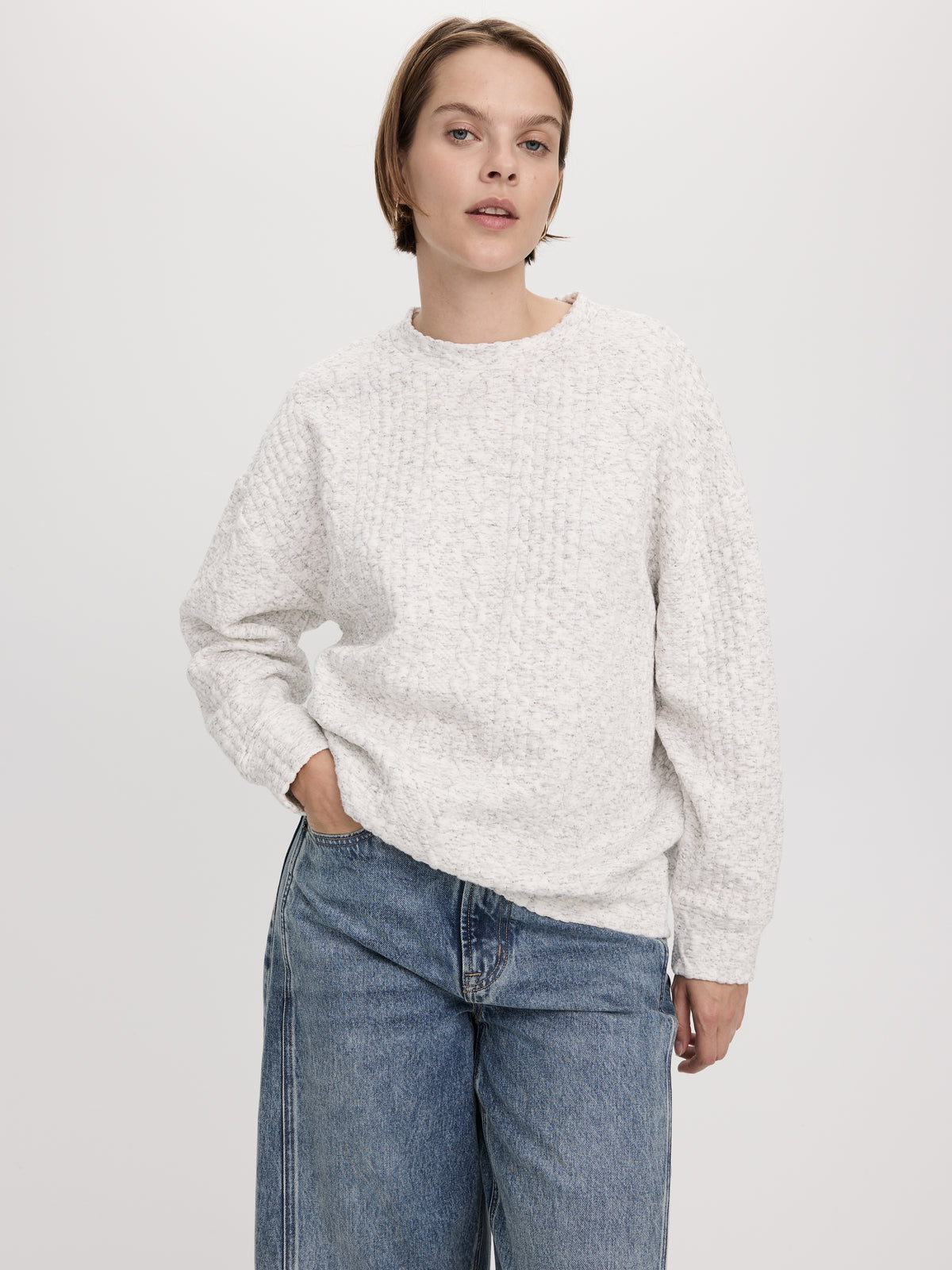 Long-Sleeve Crew-Neck Sweater with Cable Stitches