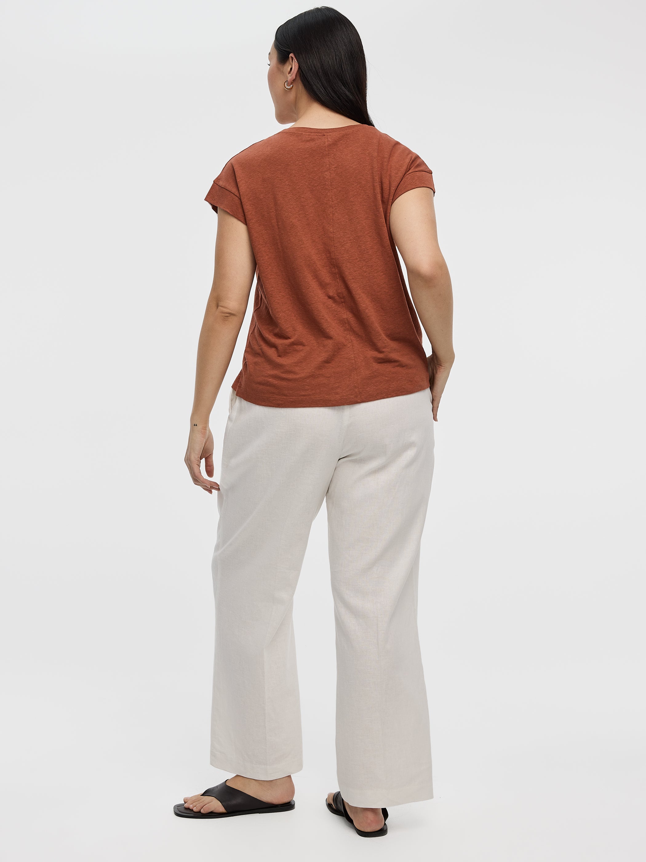 Pantalon en mélange de lin à jambe droite et taille haute - Coupe Courbes