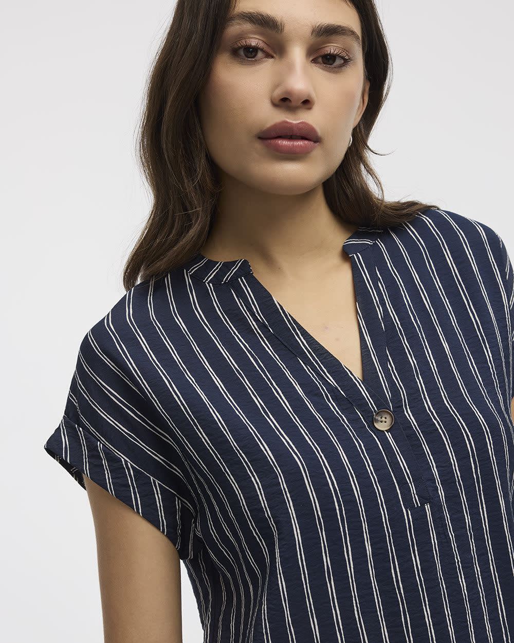 Extended-Sleeve Shift Dress with Split Neckline