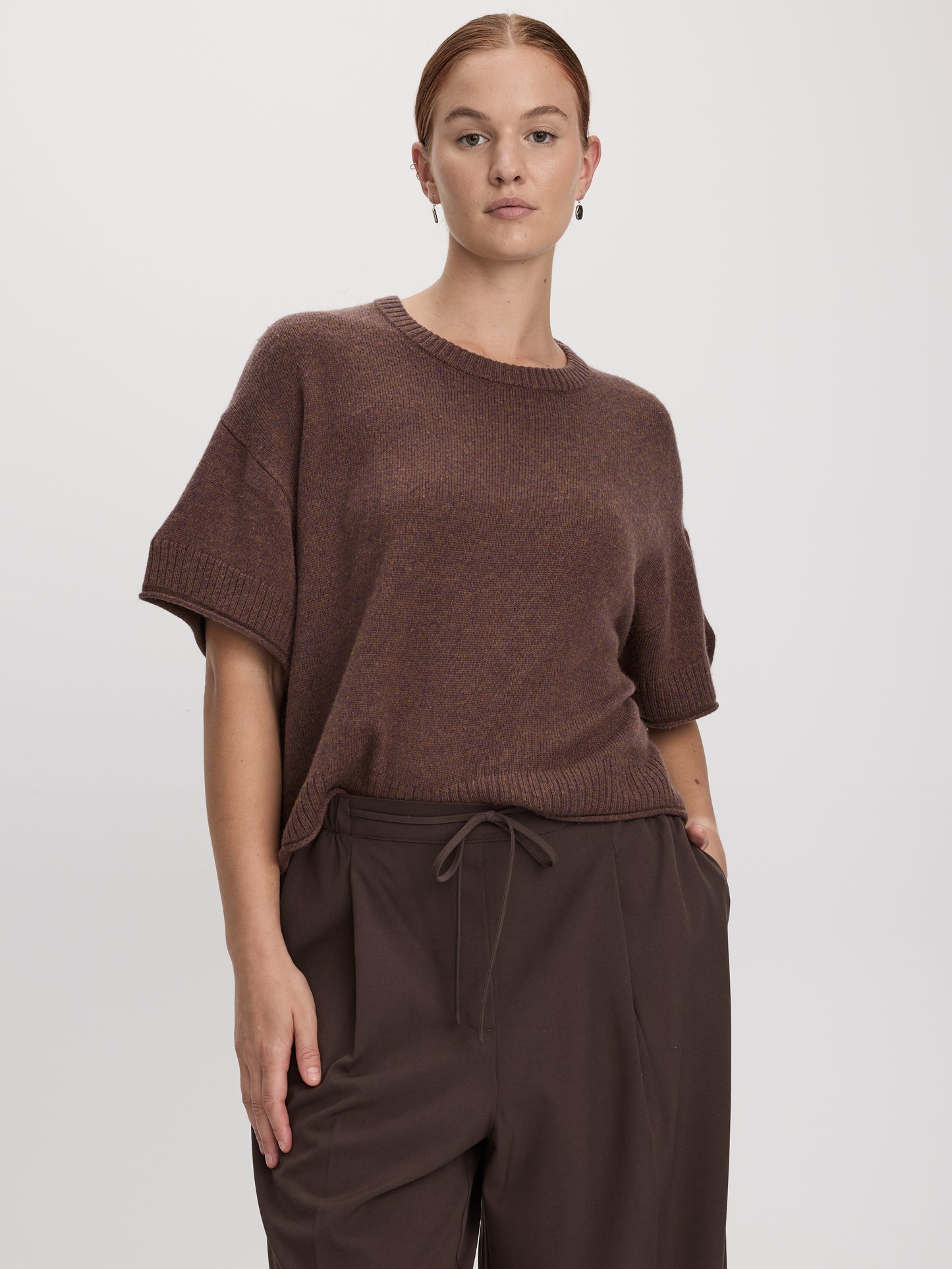 Cashmere-Blend Short-Sleeve Crew-Neck Loose Sweater