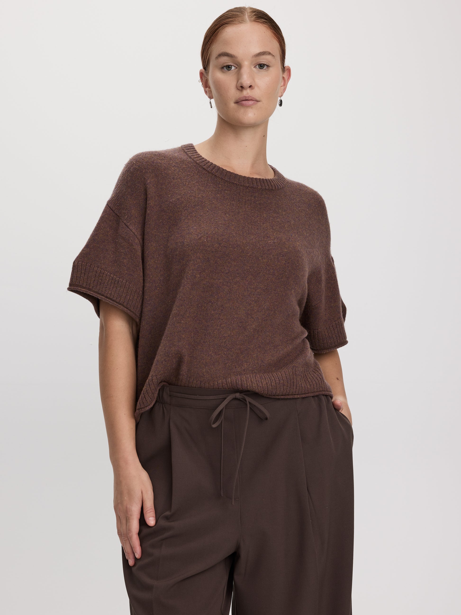 Cashmere-Blend Short-Sleeve Crew-Neck Loose Sweater