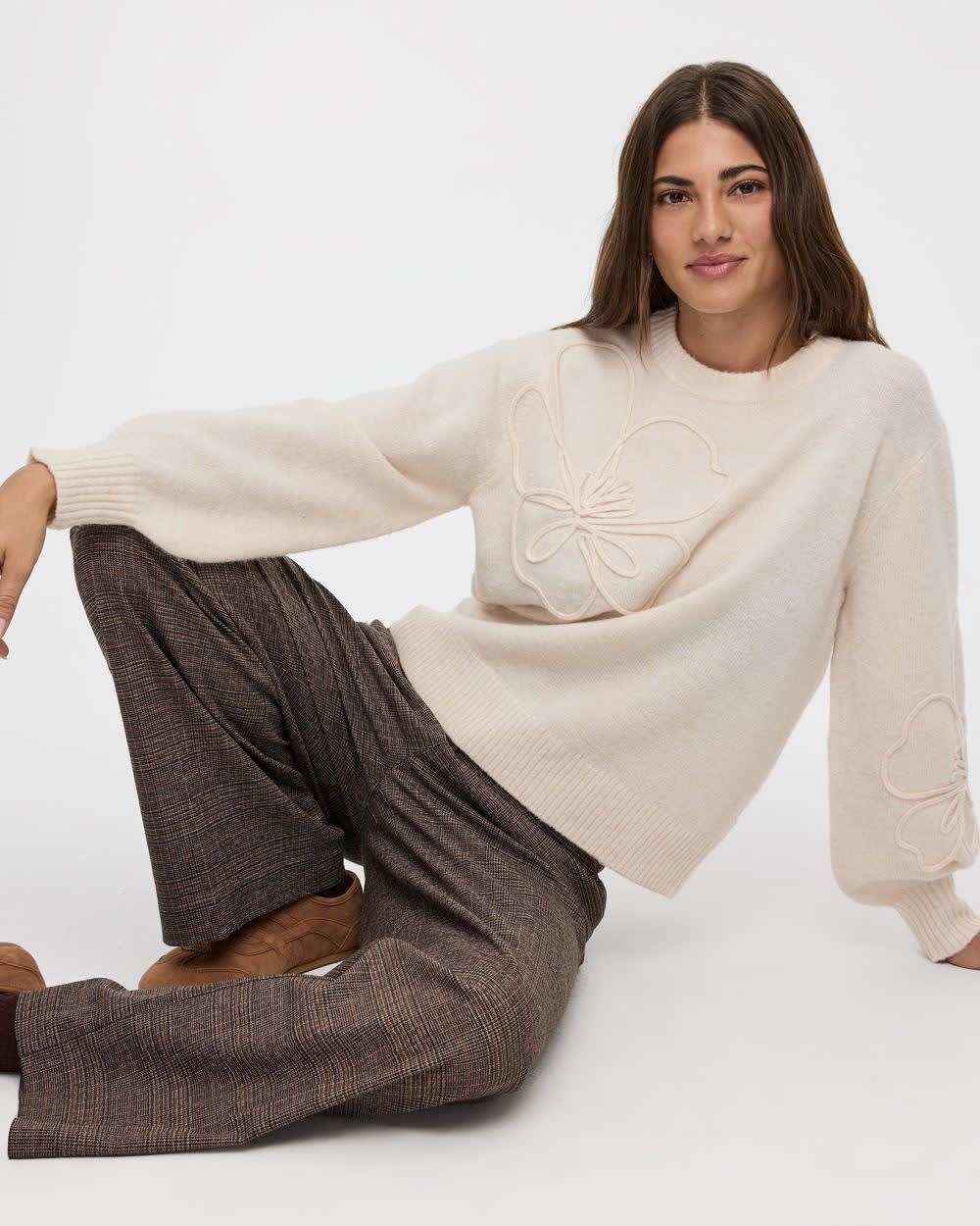 Long-Sleeve Crew-Neck Sweater with Soutache Flowers