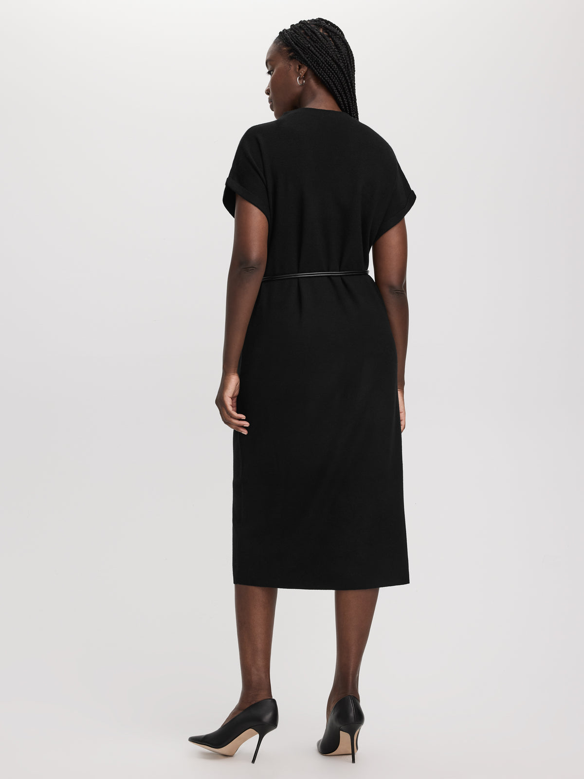 Short-Sleeve Mock-Neck Midi Sweater Dress