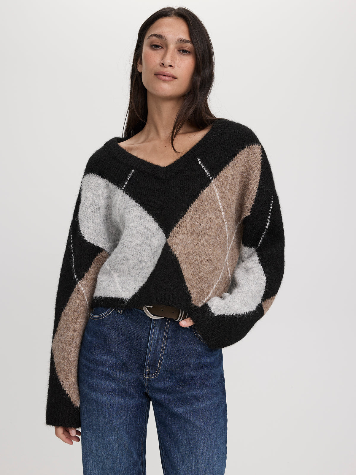 Long-Sleeve V-Neck Argyle Sweater