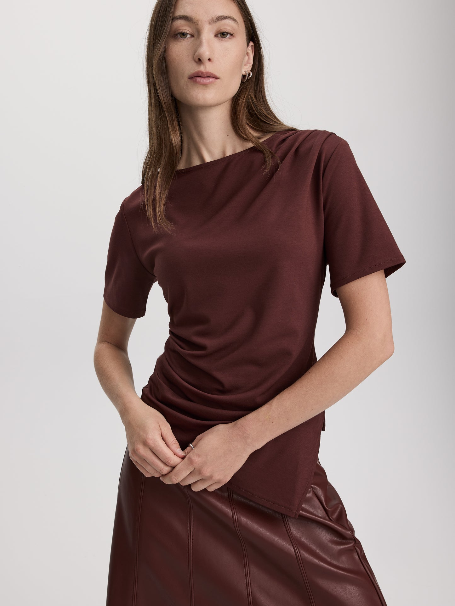 Short-Sleeve Shirred Top with Asymmetrical Hem
