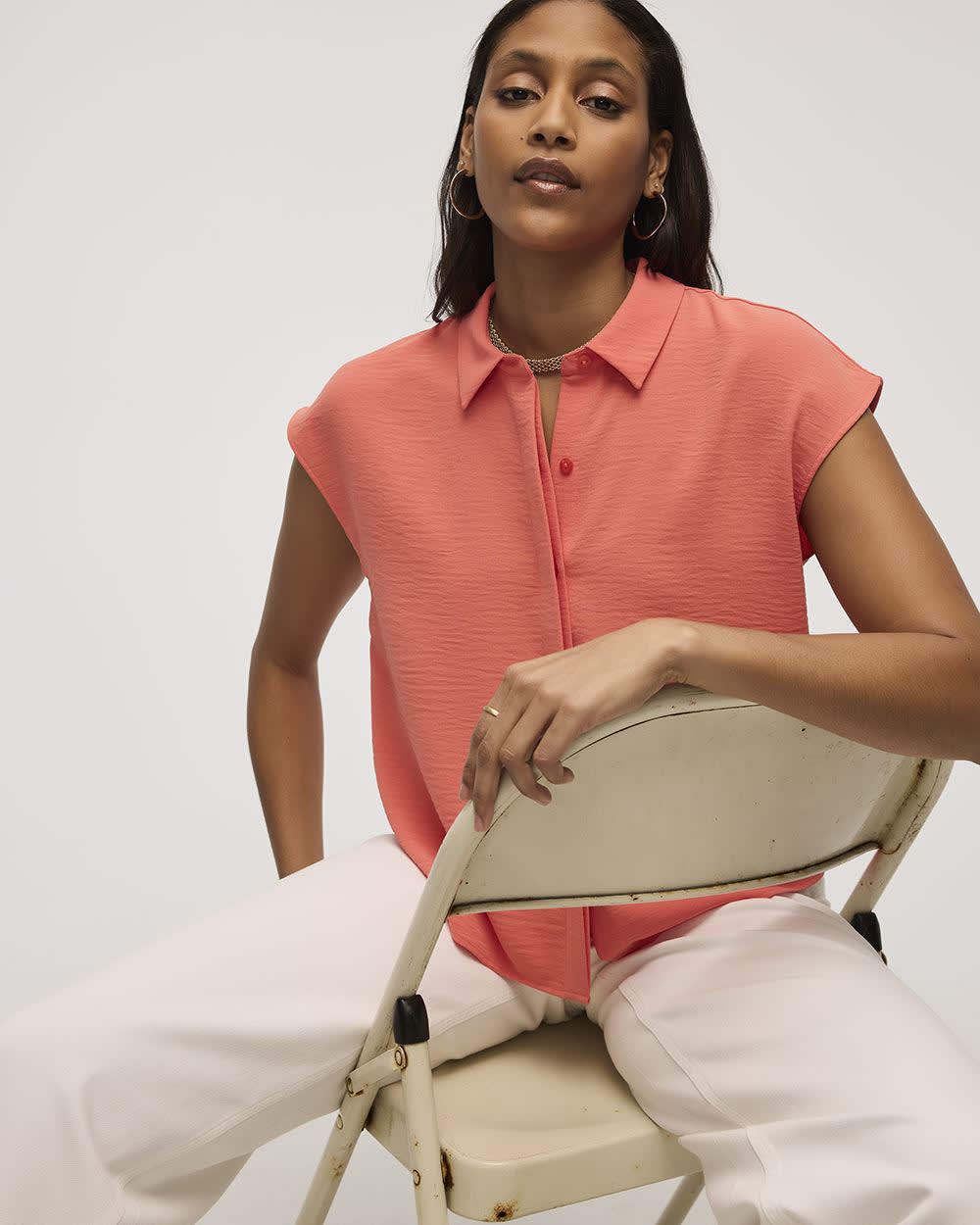 Extended-Sleeve Short Boxy Blouse with Shirt Collar