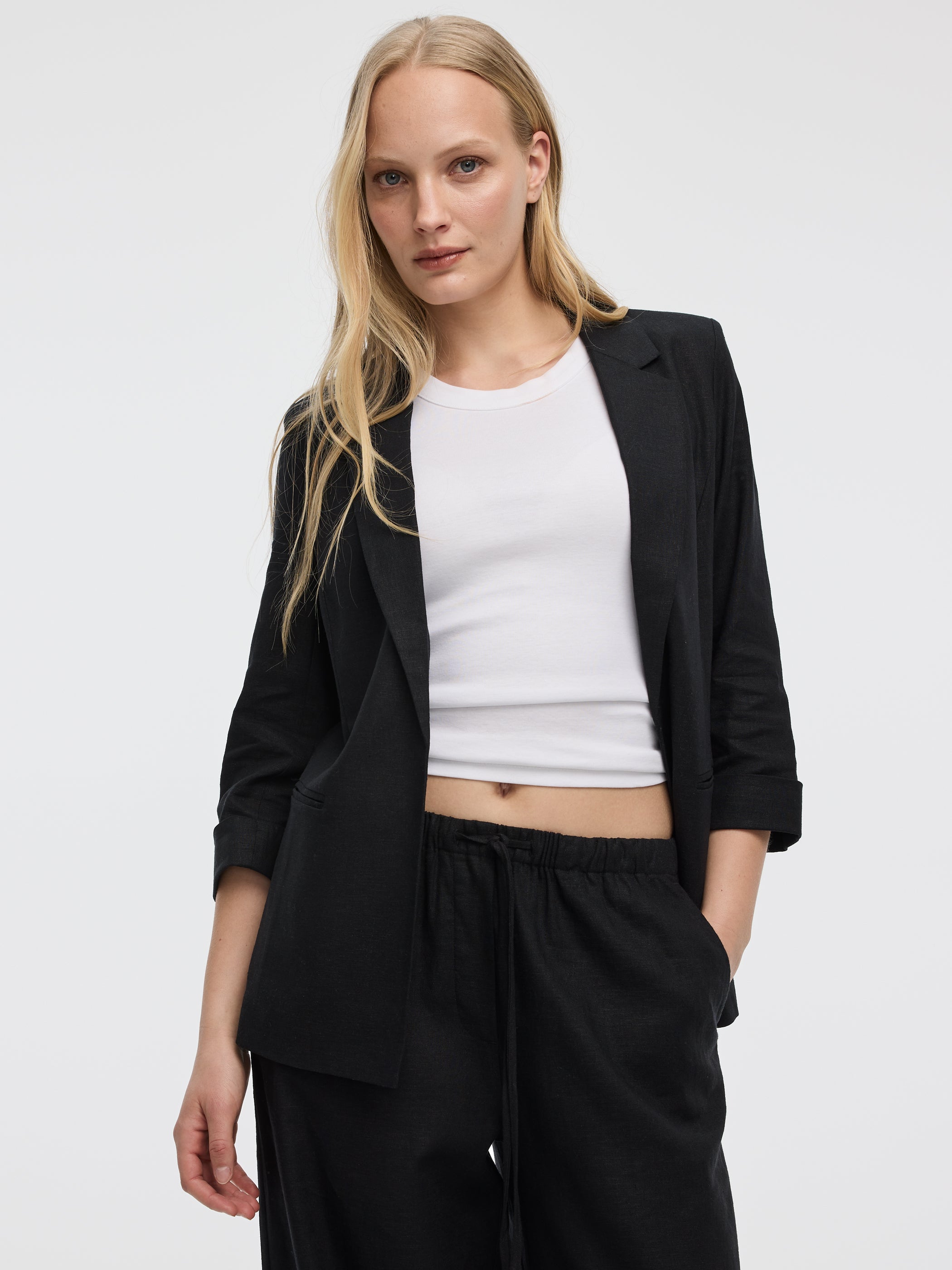 Open Linen Blazer with 3/4 Sleeves