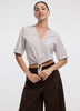 Striped Short-Sleeve V-Neck Blouse with Self-Tie Closure