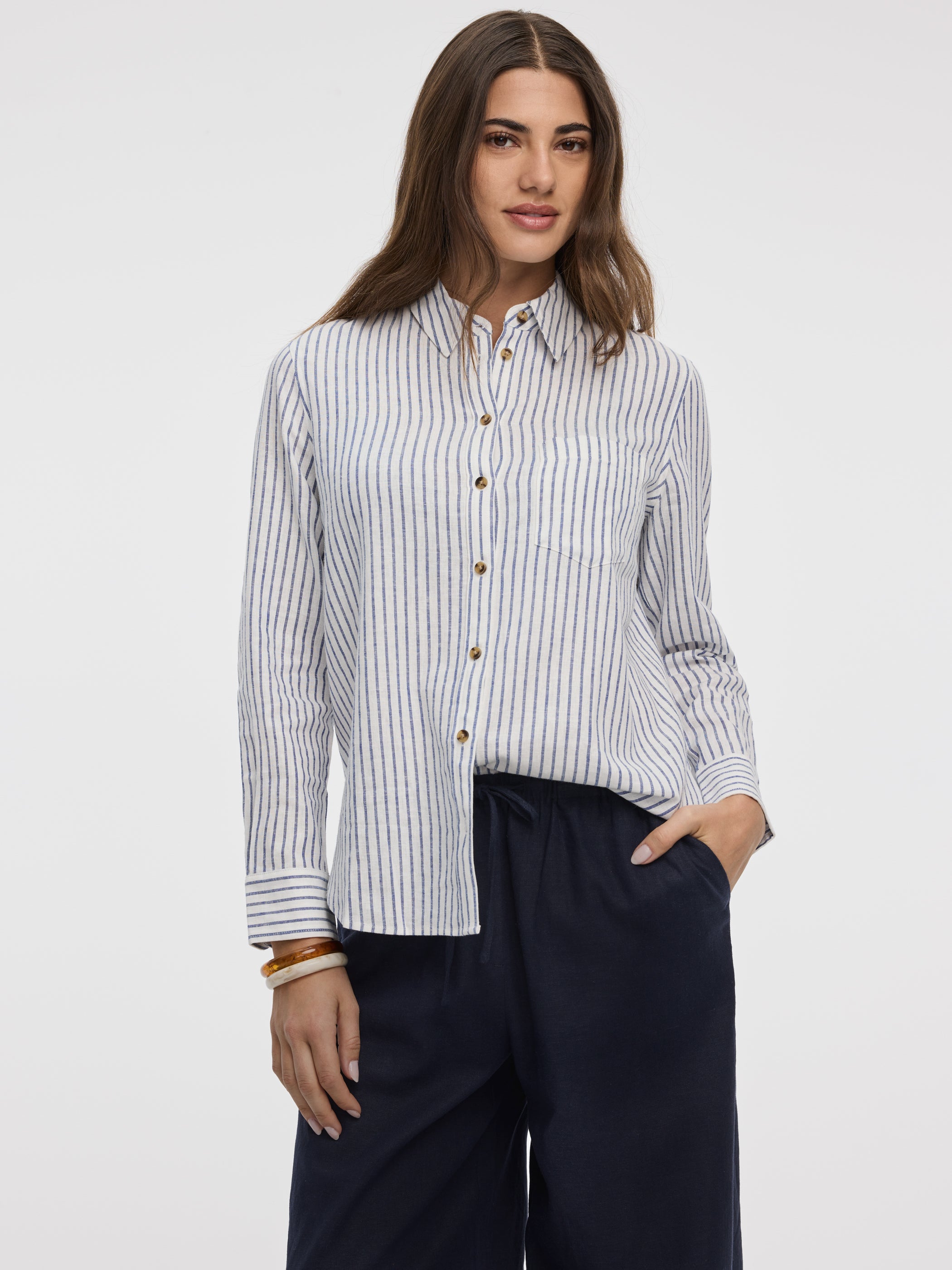 Striped Long-Sleeve Linen-Blend Shirt