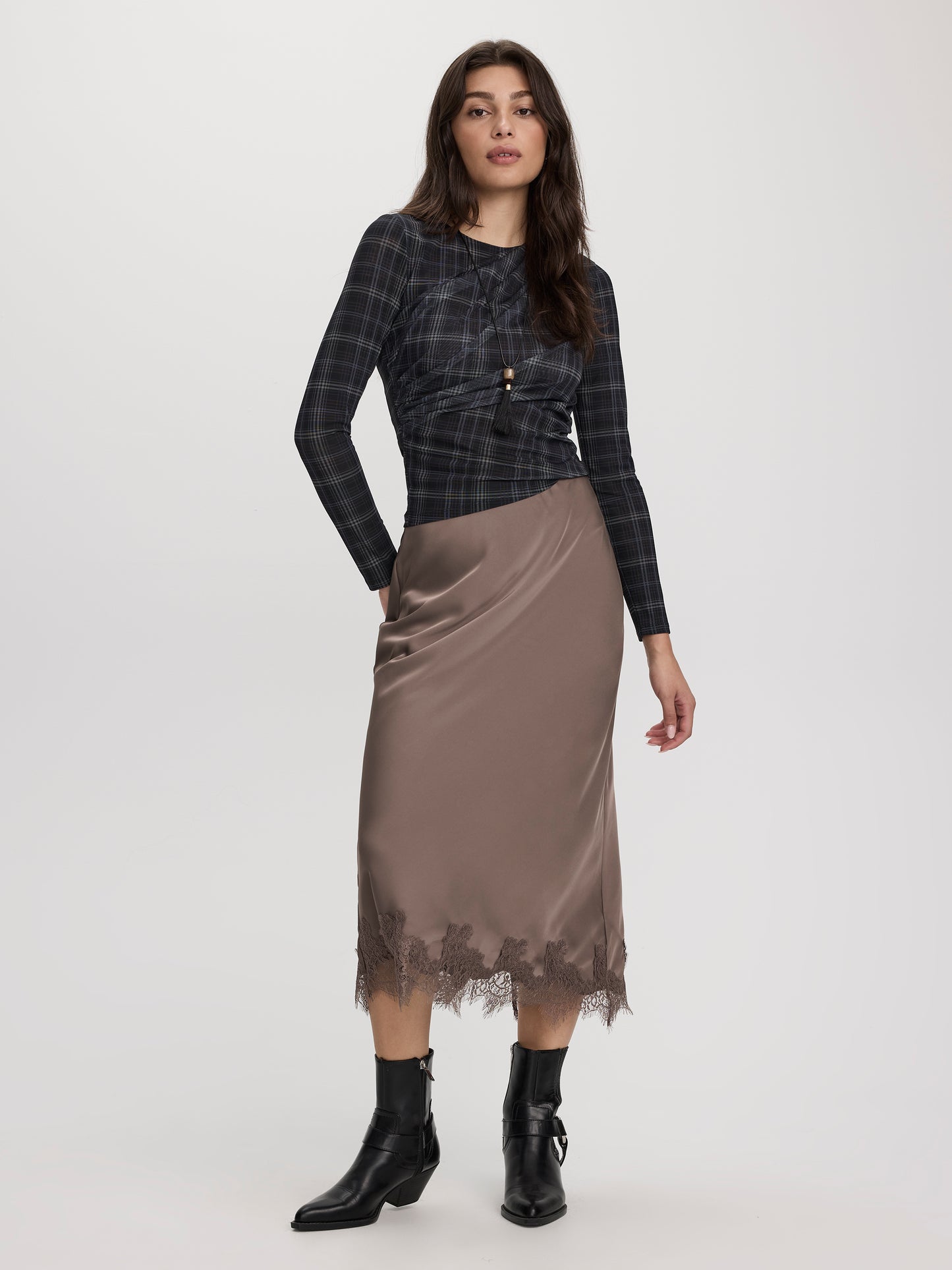 Satin Midi Skirt with Lace Trim