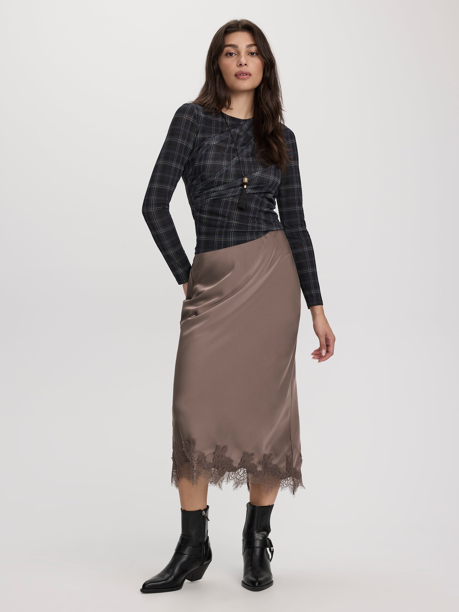 Satin Midi Skirt with Lace Trim