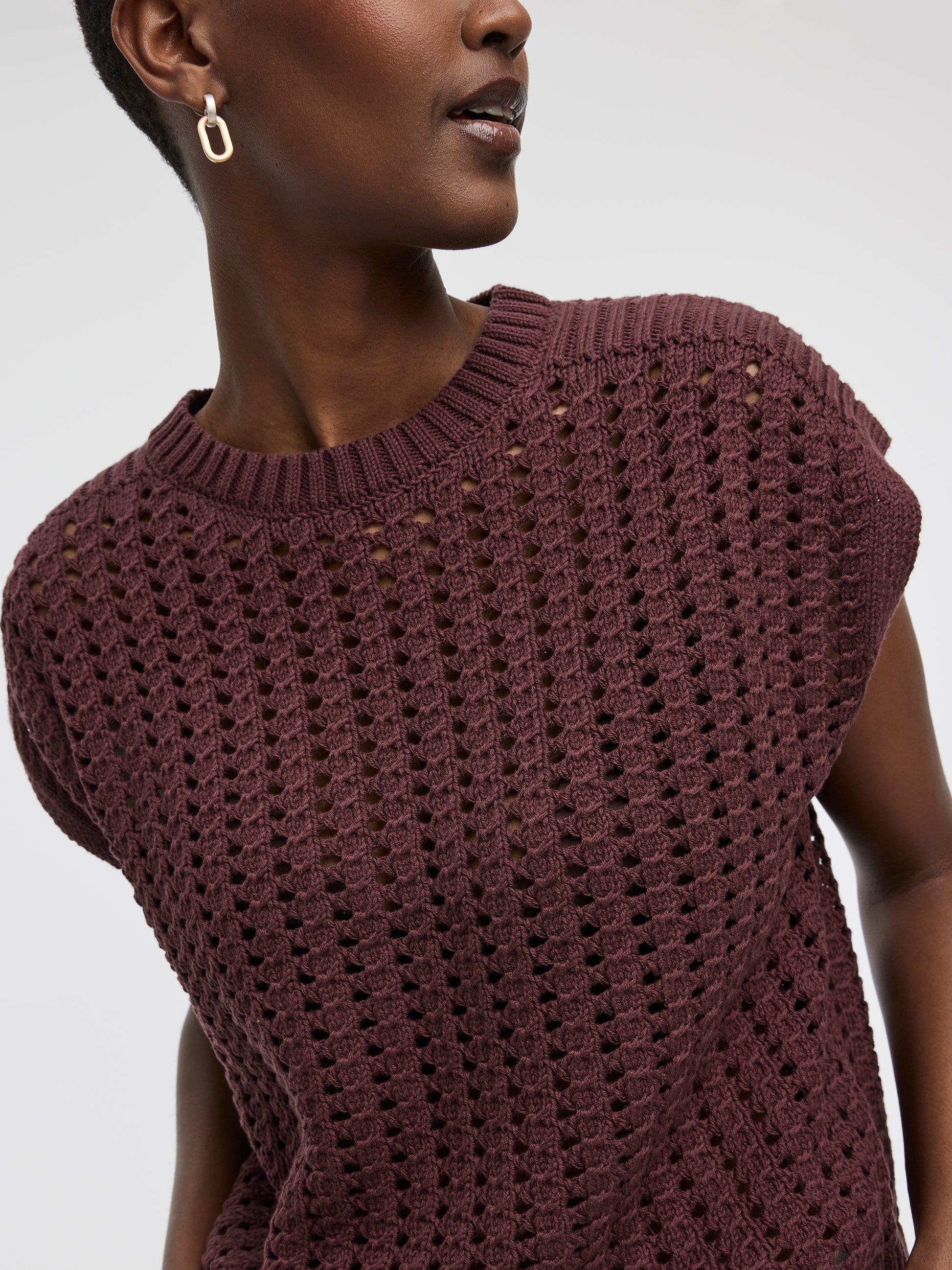 Extended-Sleeve Crew-Neck Sweater with Open Stitches