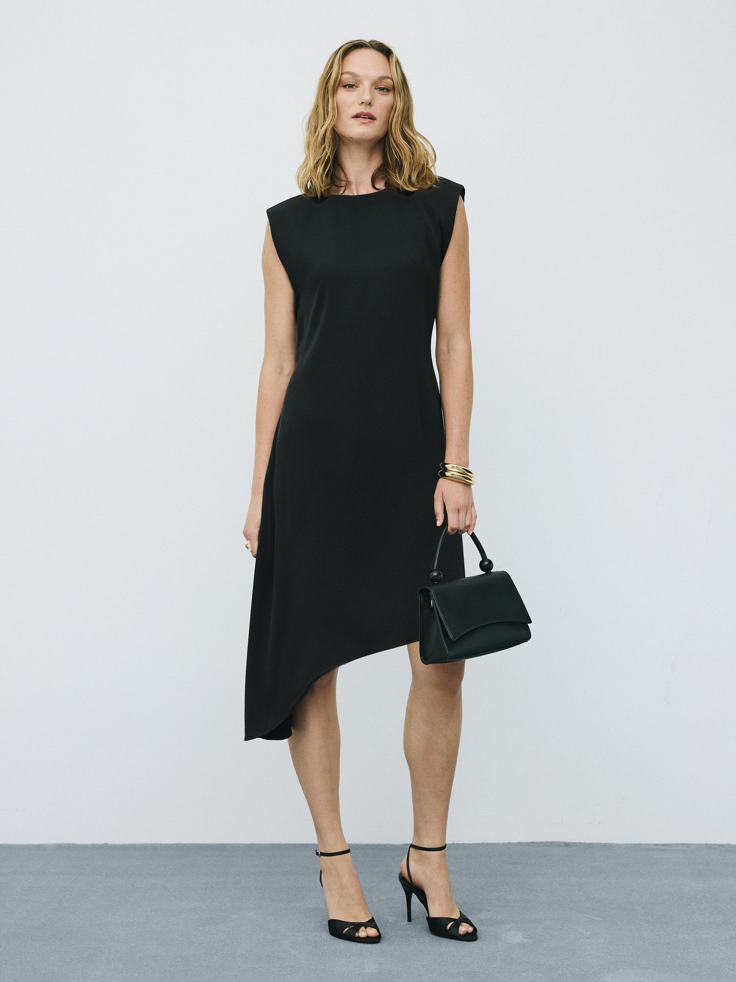 Sleeveless Midi Dress with Shoulder Pads