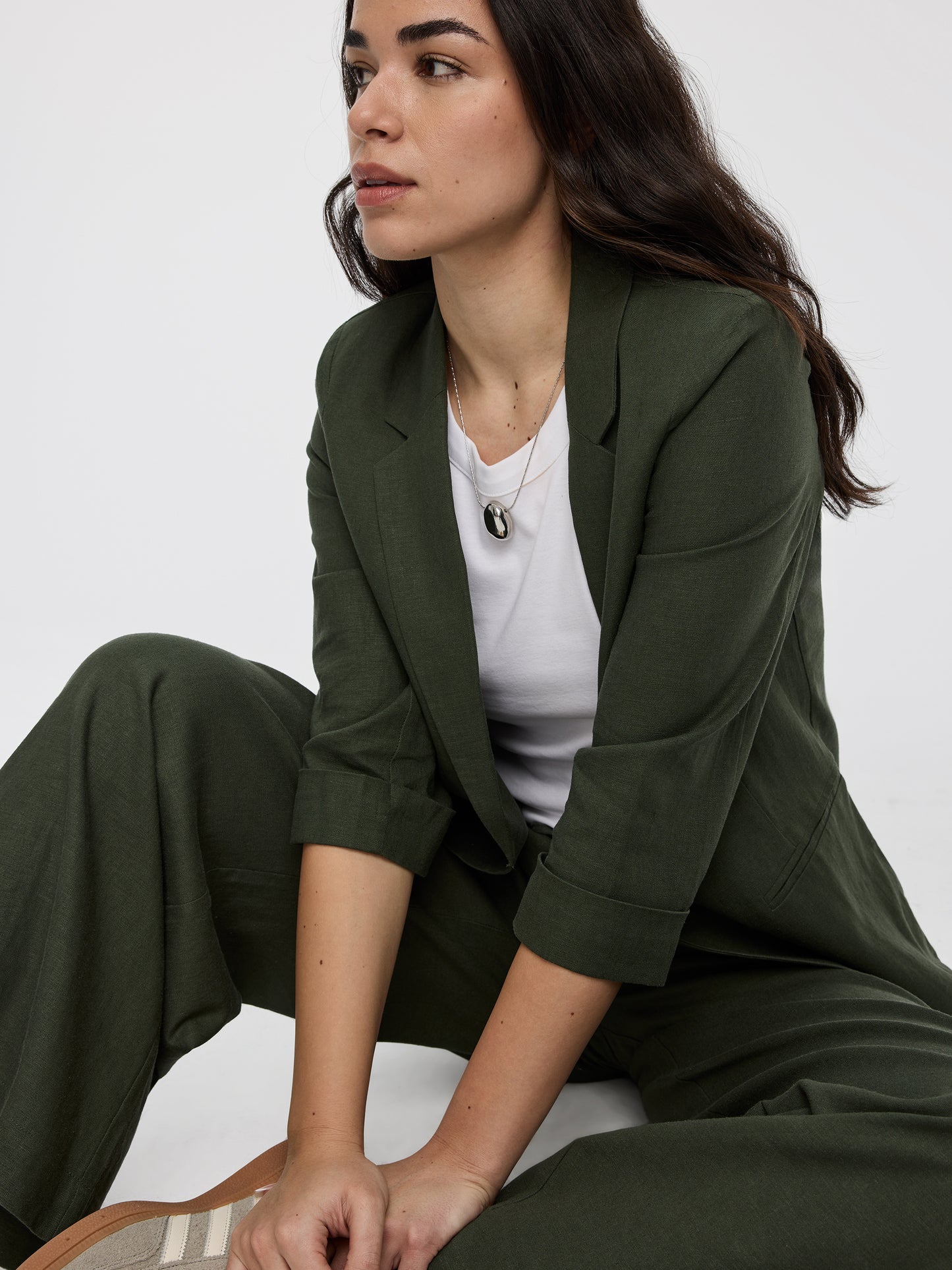 Open Linen Blazer with 3/4 Sleeves