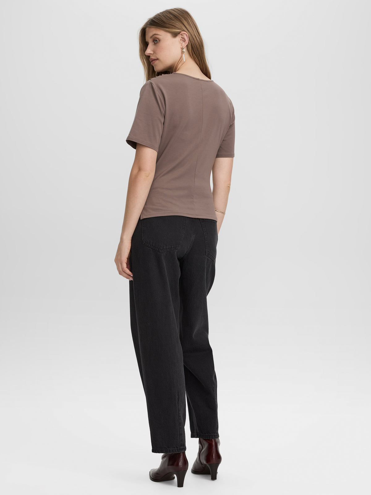 Short-Sleeve Shirred Top with Asymmetrical Hem