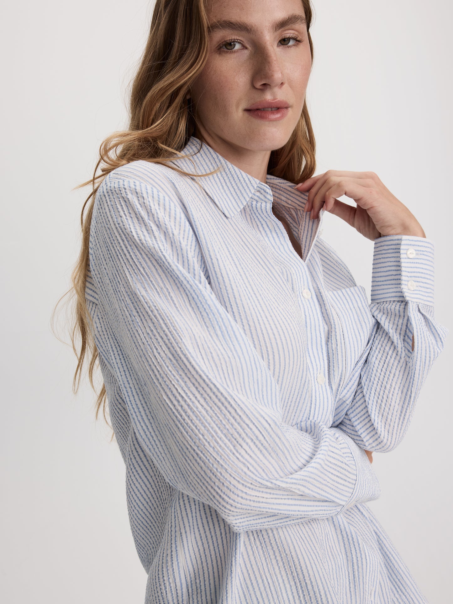 Striped Long-Sleeve Buttoned-Down Seersucker Blouse