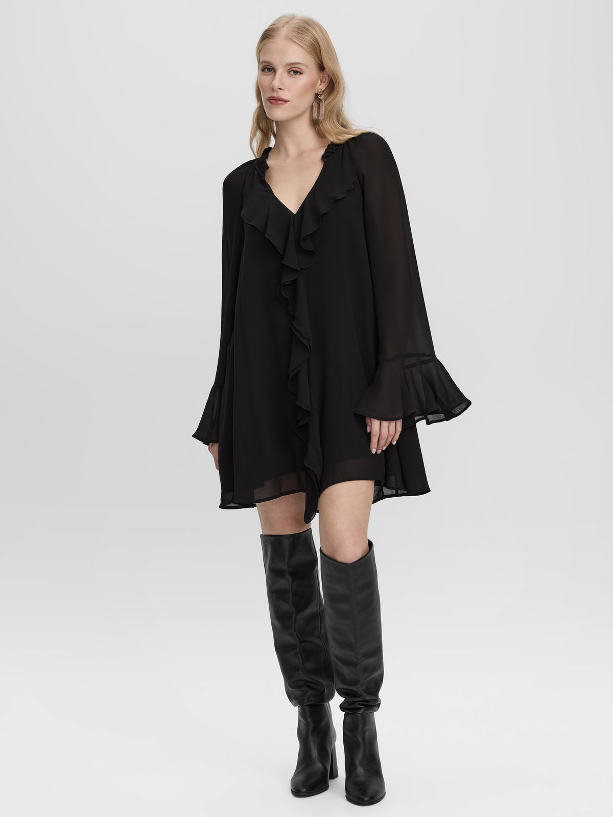 Long-Sleeve V-Neck Mini Dress with Ruffles