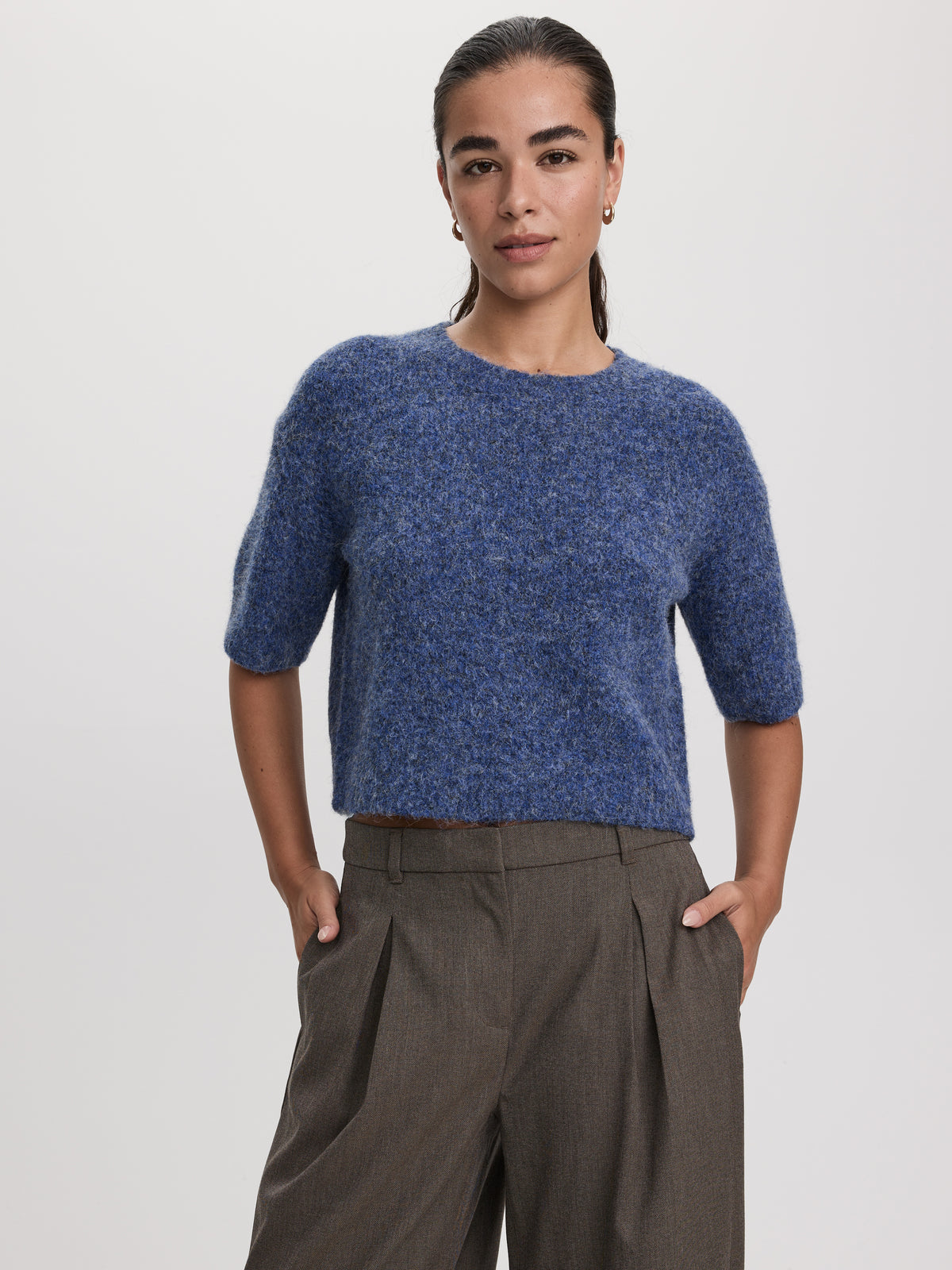 Short-Sleeve Crew-Neck Wool-Blend Sweater