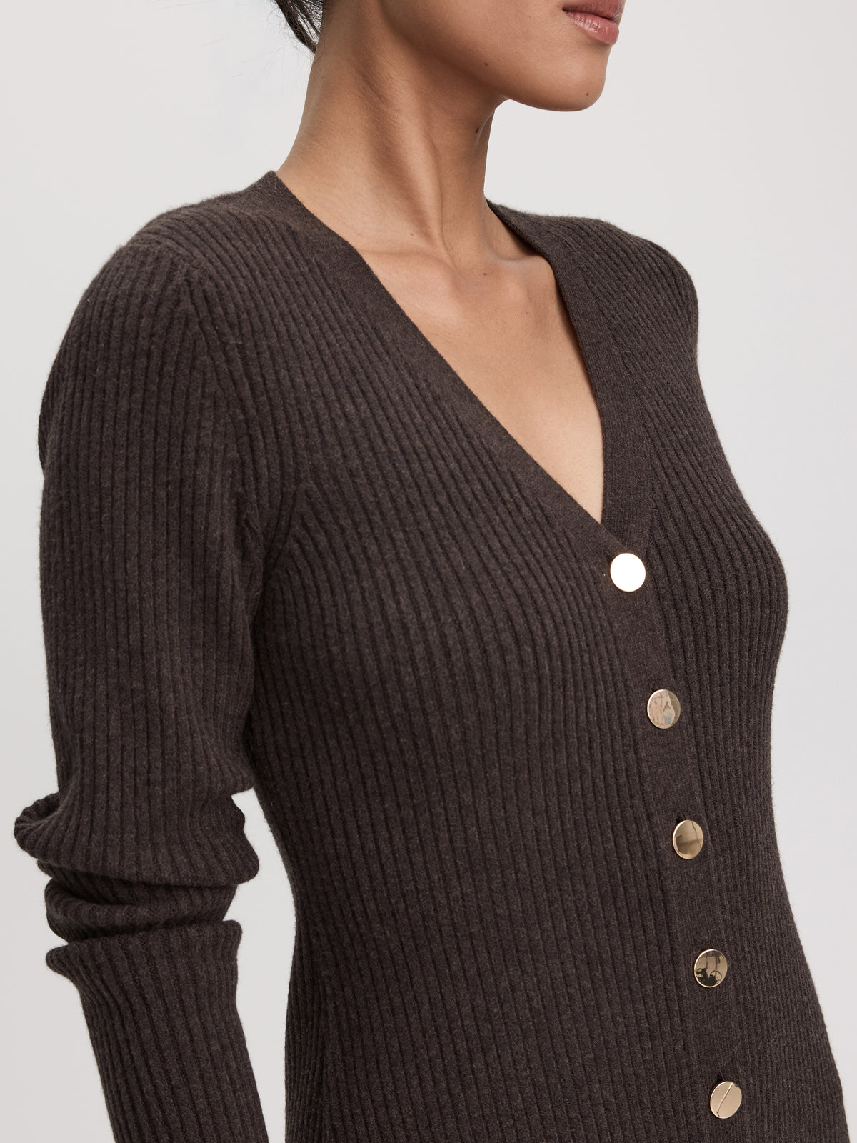 Long-Sleeve V-Neck Buttoned-Down Midi Dress