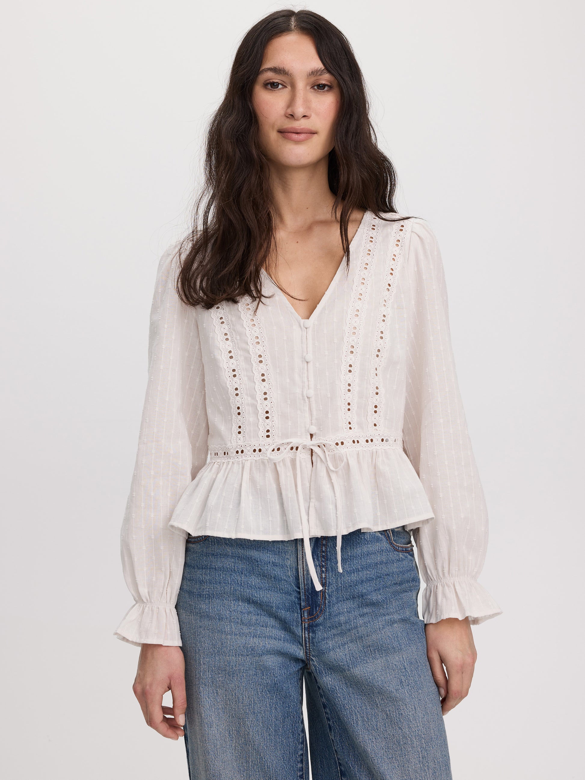Long-Sleeve V-Neck Blouse with Lace Trims
