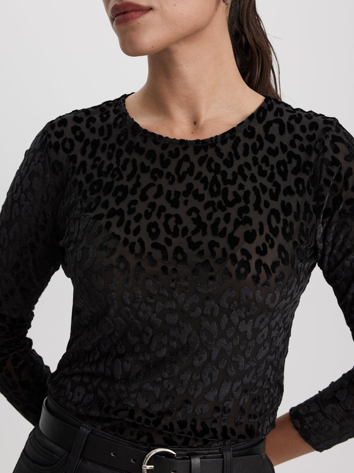 Long-Sleeve Crew-Neck Velvet Top with Burnout Pattern