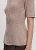 Elbow-Sleeve Crew-Neck Sweater with Half-Cardigan Stitches