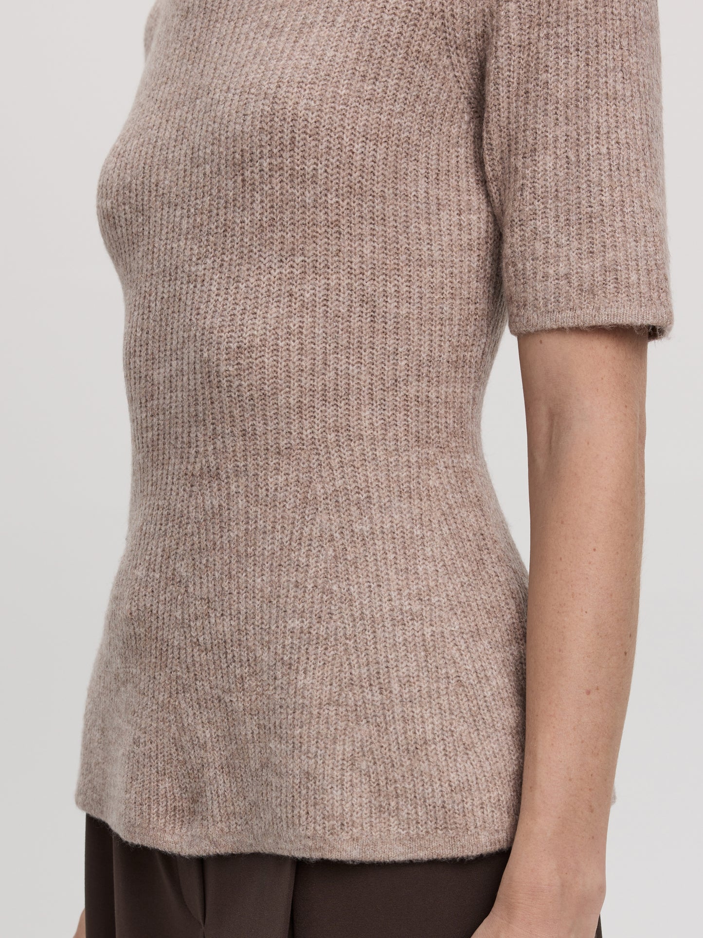 Elbow-Sleeve Crew-Neck Sweater with Half-Cardigan Stitches